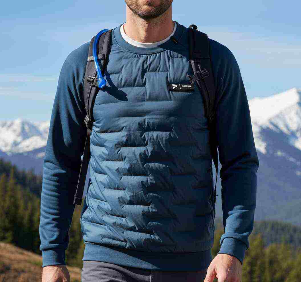 A man climbing a mountain wearing a midnight blue mountain hoodless down jacket with 1/4 zip crew collar