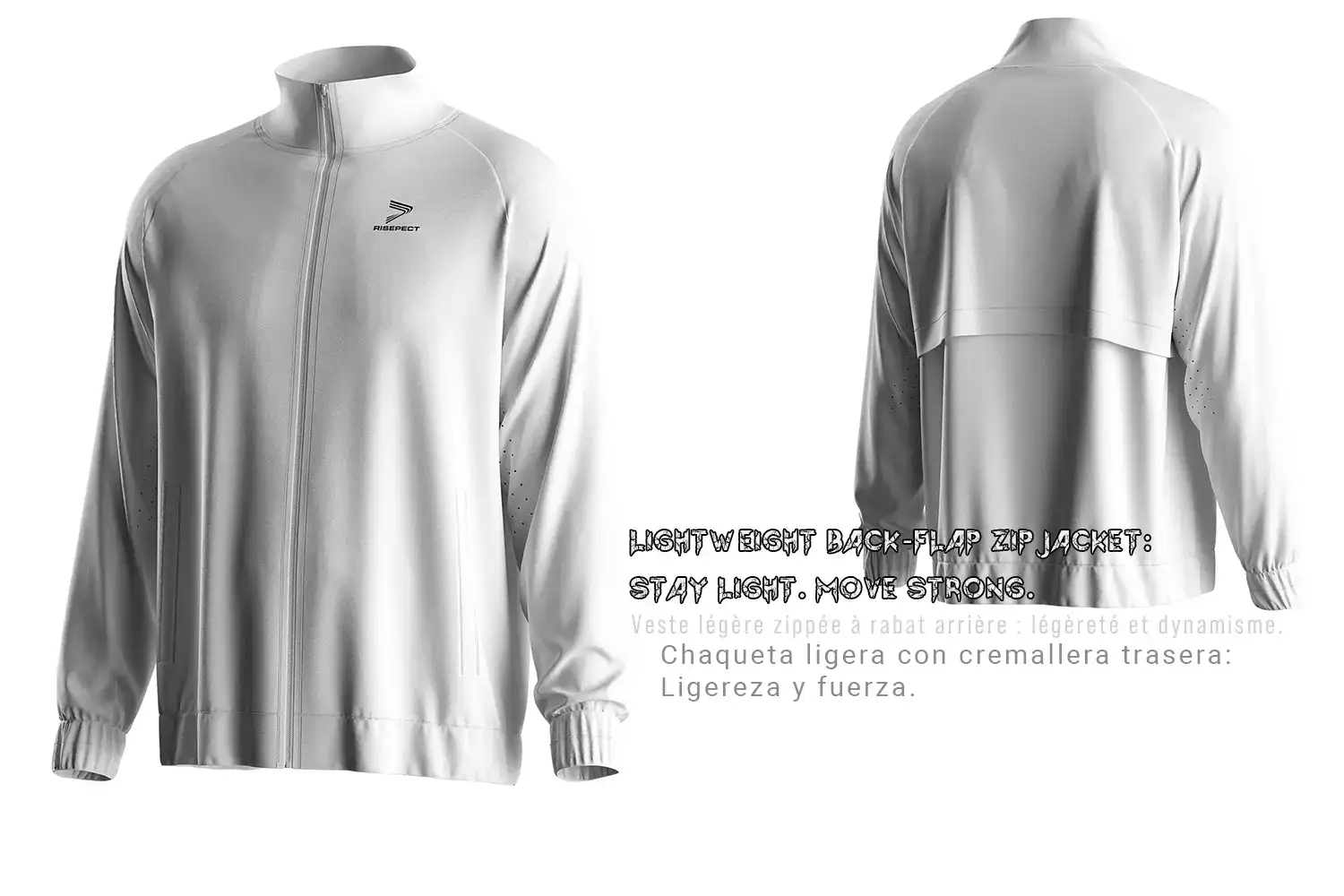 Banner showcasing the RISE lightweight back-flap zip jacket in front and back view, featuring trilingual text 
