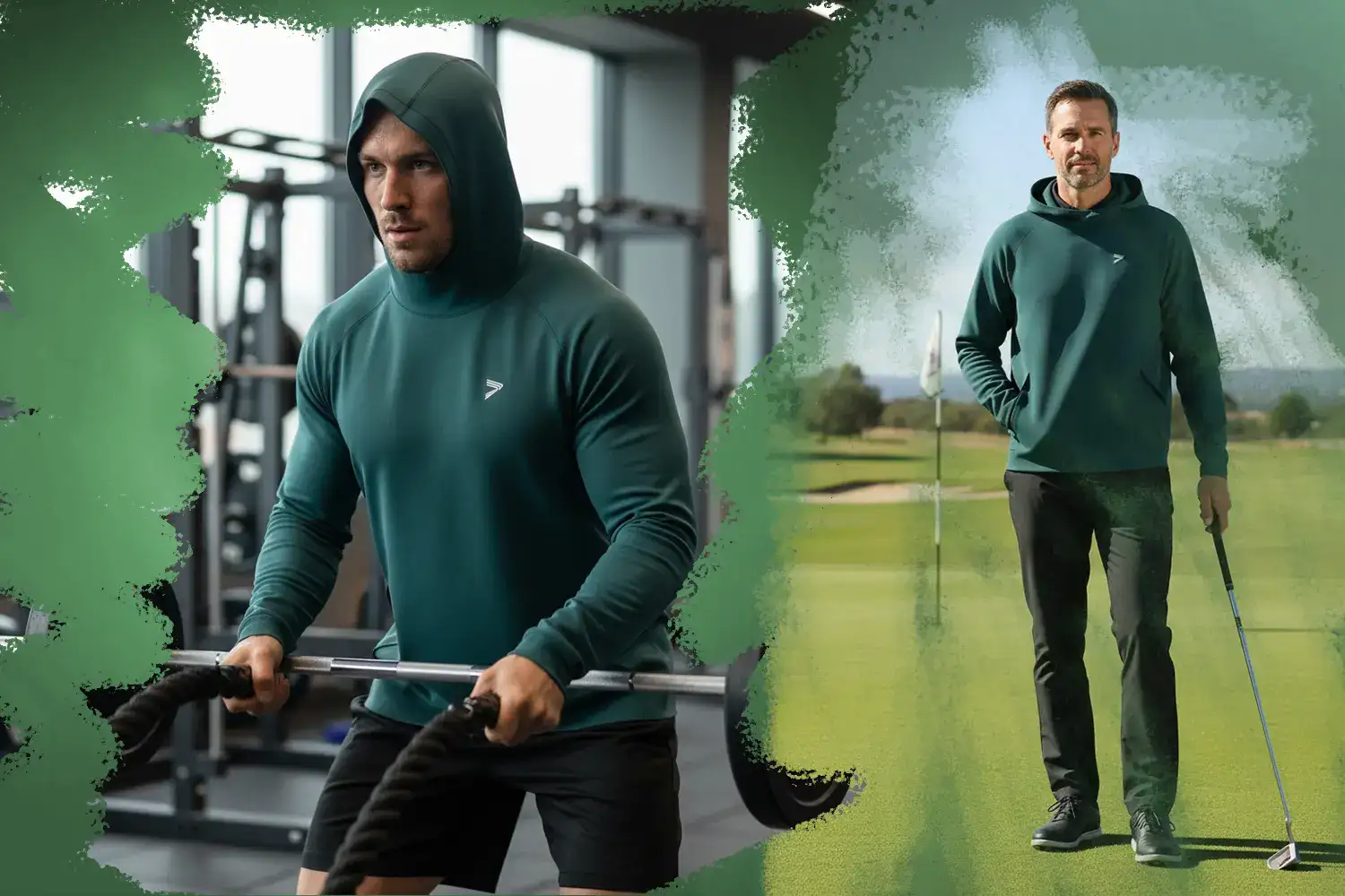 A muscular man training in the gym and an older male golfer wearing the same dark green men's raglan-sleeve hoodie with hidden front pockets.