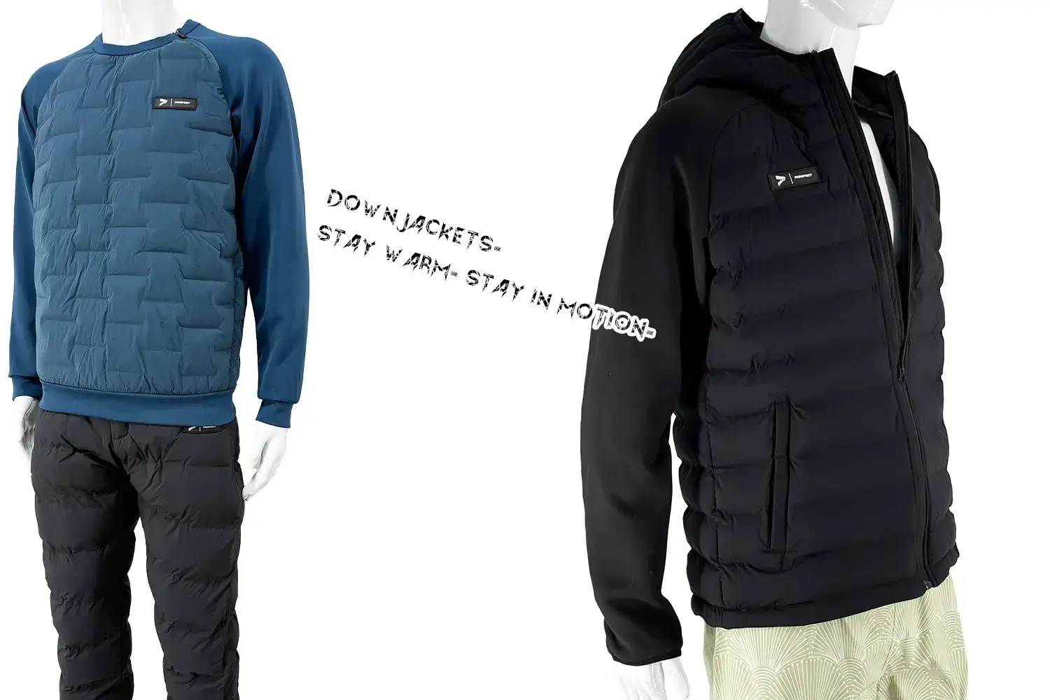 RISE Down Jackets: Stay Warm – Stay in Motion. Two styles—crew neck 1/4-zip and hooded full-zip designs.