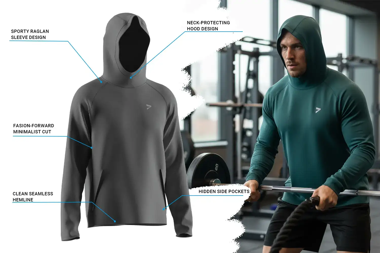 Muscular male athlete training in a gym while wearing a grey body fit athletic hoodie featuring a sporty raglan sleeve, neck-protecting hood, minimalist cut, seamless hemline, and hidden side pockets. The athletic hoodie contours the upper body, highlighting muscle definition while supporting unrestricted movement.