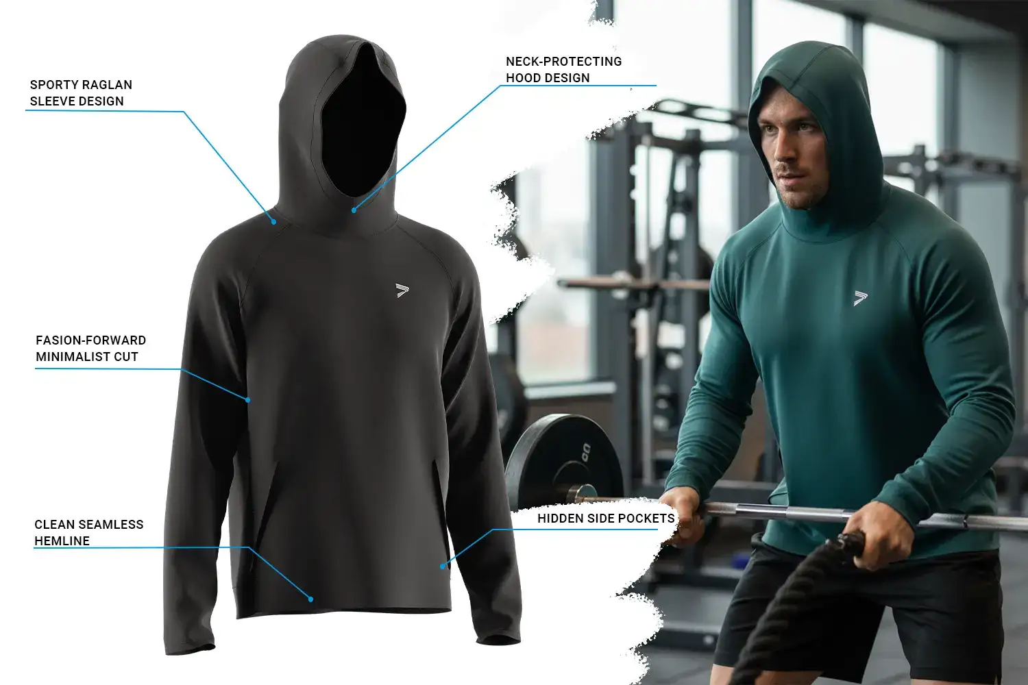 Muscular male athlete training in a gym while wearing a RISE charcoal gray mens fitness training hoodie featuring a sporty raglan sleeve, neck-protecting hood, minimalist cut, seamless hemline, and hidden side pockets. The athletic hoodie contours the upper body, highlighting muscle definition while supporting unrestricted movement.
