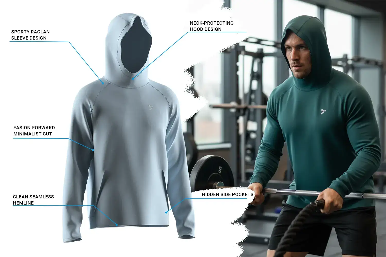 Muscular male athlete training in a gym while wearing a ice blue athletic fit hoodie featuring a sporty raglan sleeve, neck-protecting hood, minimalist cut, seamless hemline, and hidden side pockets. The athletic fit hoodie contours the upper body, highlighting muscle definition while supporting unrestricted movement.