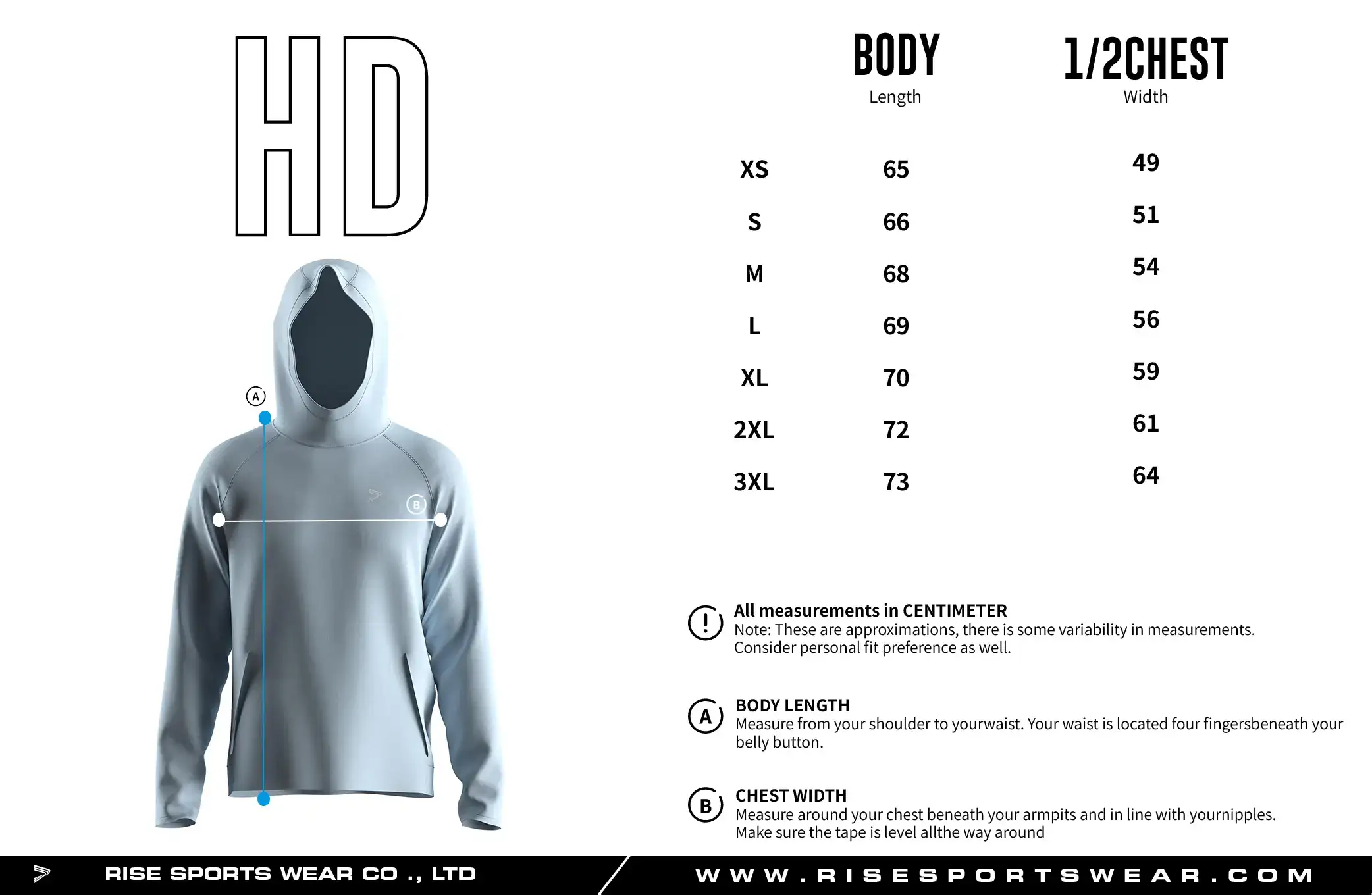 Choose our RISE ice blue athletic fit hoodie's sizing, or custom your own brand/club/team athletic fit hoodie's sizing.
