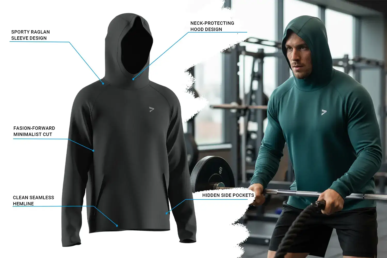 Muscular male athlete training in a gym while wearing a olive gray slim fit athletic hoodie featuring a sporty raglan sleeve, neck-protecting hood, minimalist cut, seamless hemline, and hidden side pockets. The athletic hoodie contours the upper body, highlighting muscle definition while supporting unrestricted movement.