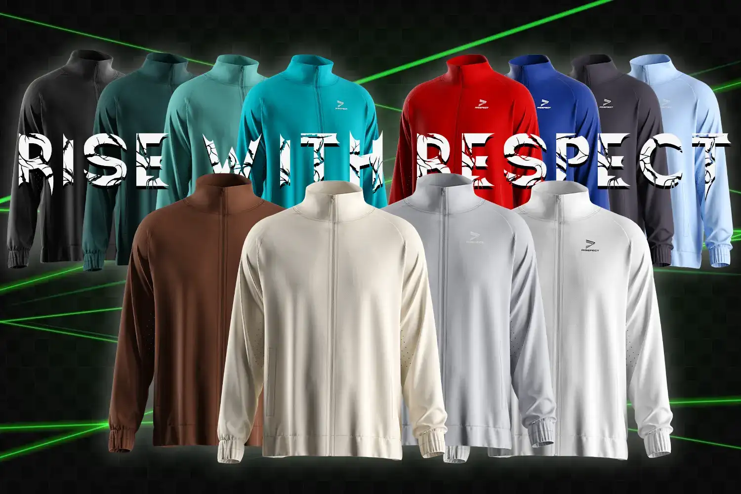 Twelve solid color men's athletic full zip jackets arranged as a team collection, showcasing customizable bulk options.