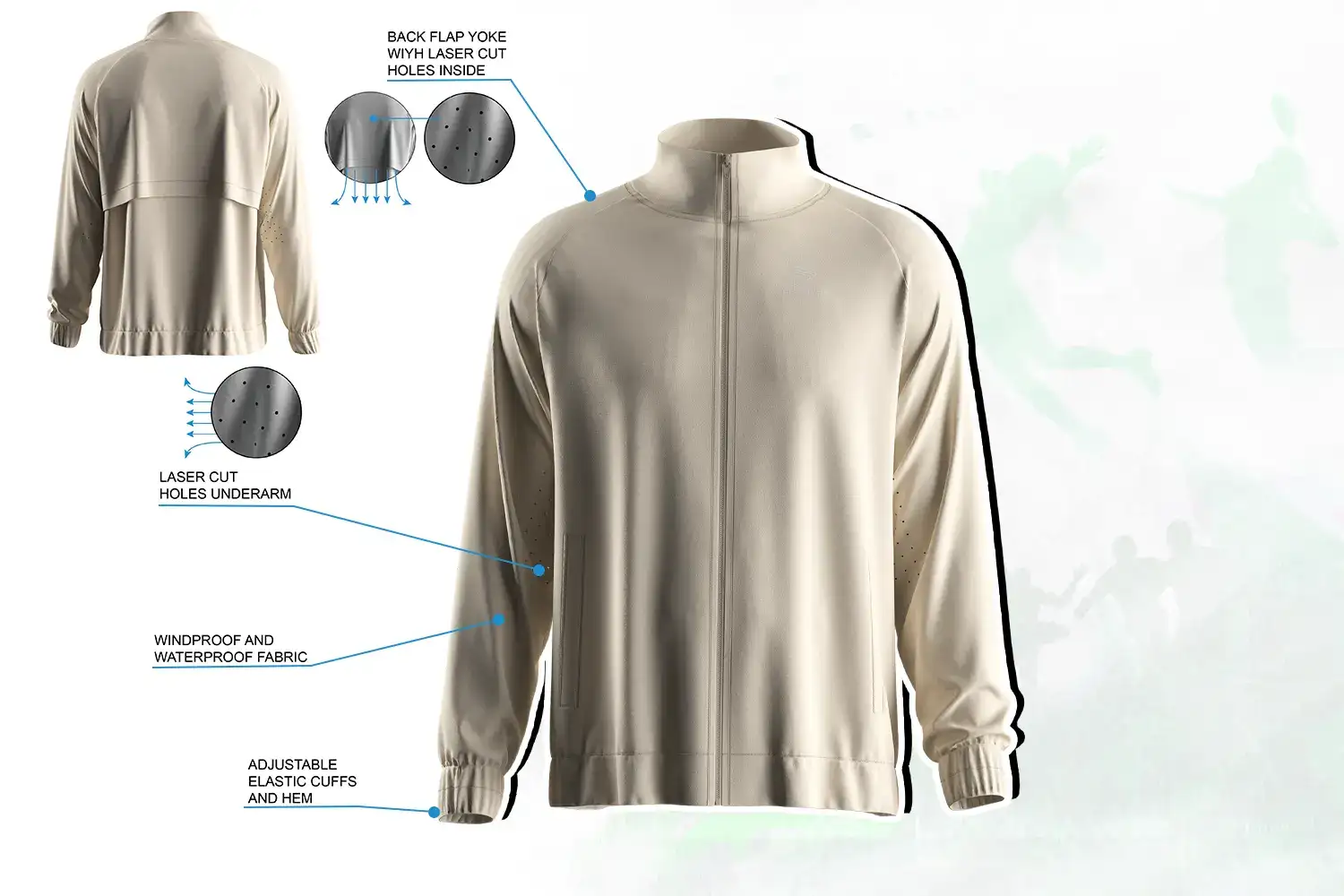 Men's full zip high collar training jacket with windproof fabric and laser-cut ventilation design.