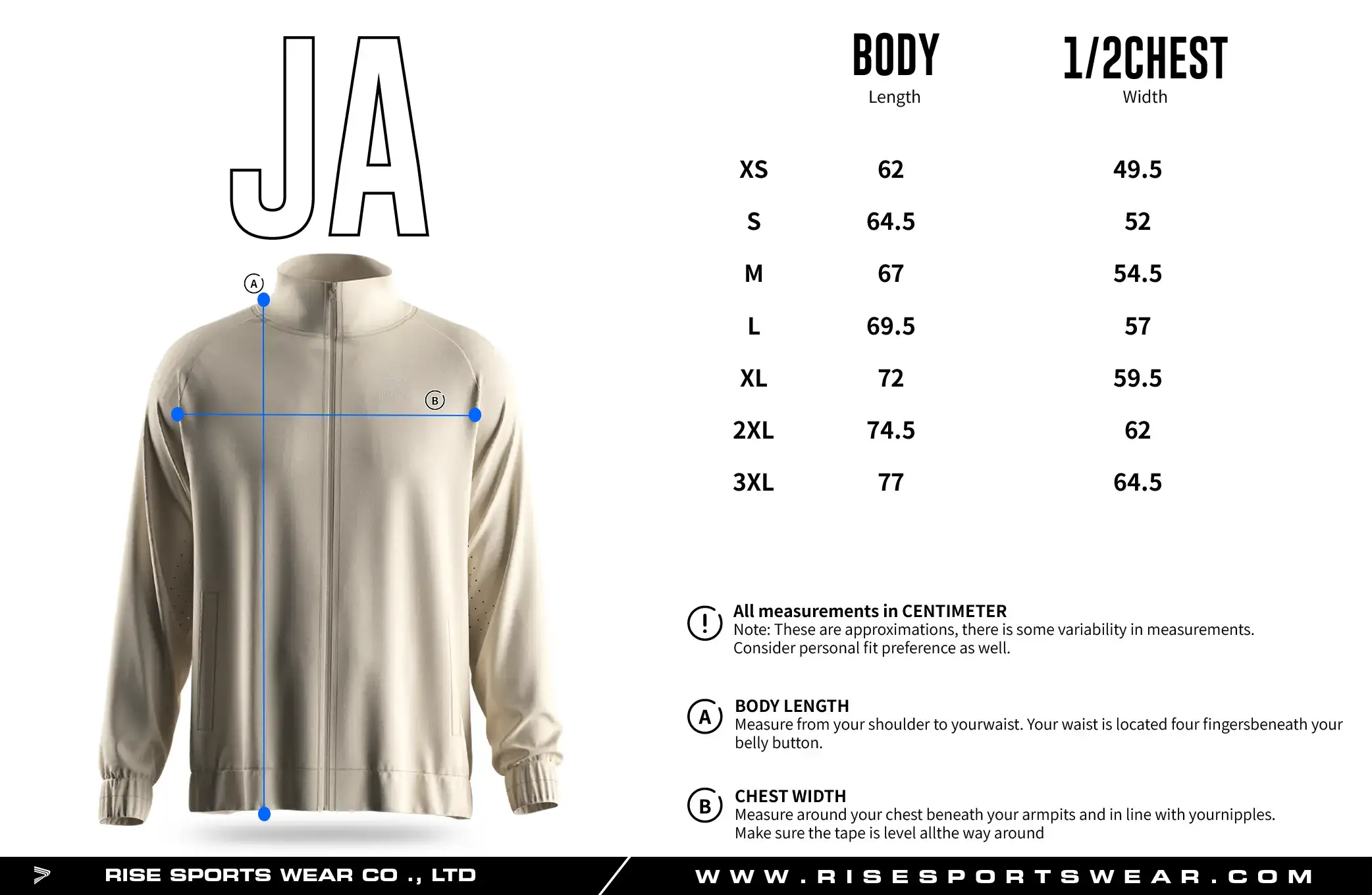 Adult men's size chart for full zip high collar athletic training jacket.