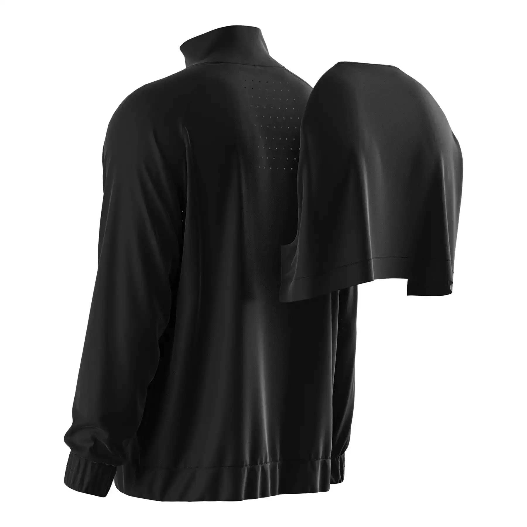 Back view of men's training jacket featuring flap yoke and laser-cut ventilation holes for enhanced breathability.