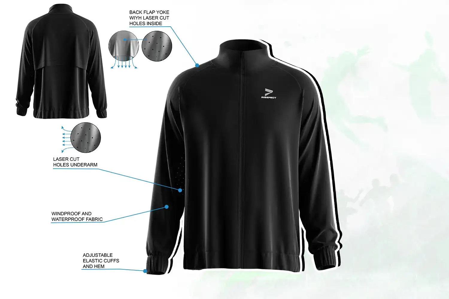 Men's full zip high collar training jacket with windproof fabric and laser-cut ventilation design.