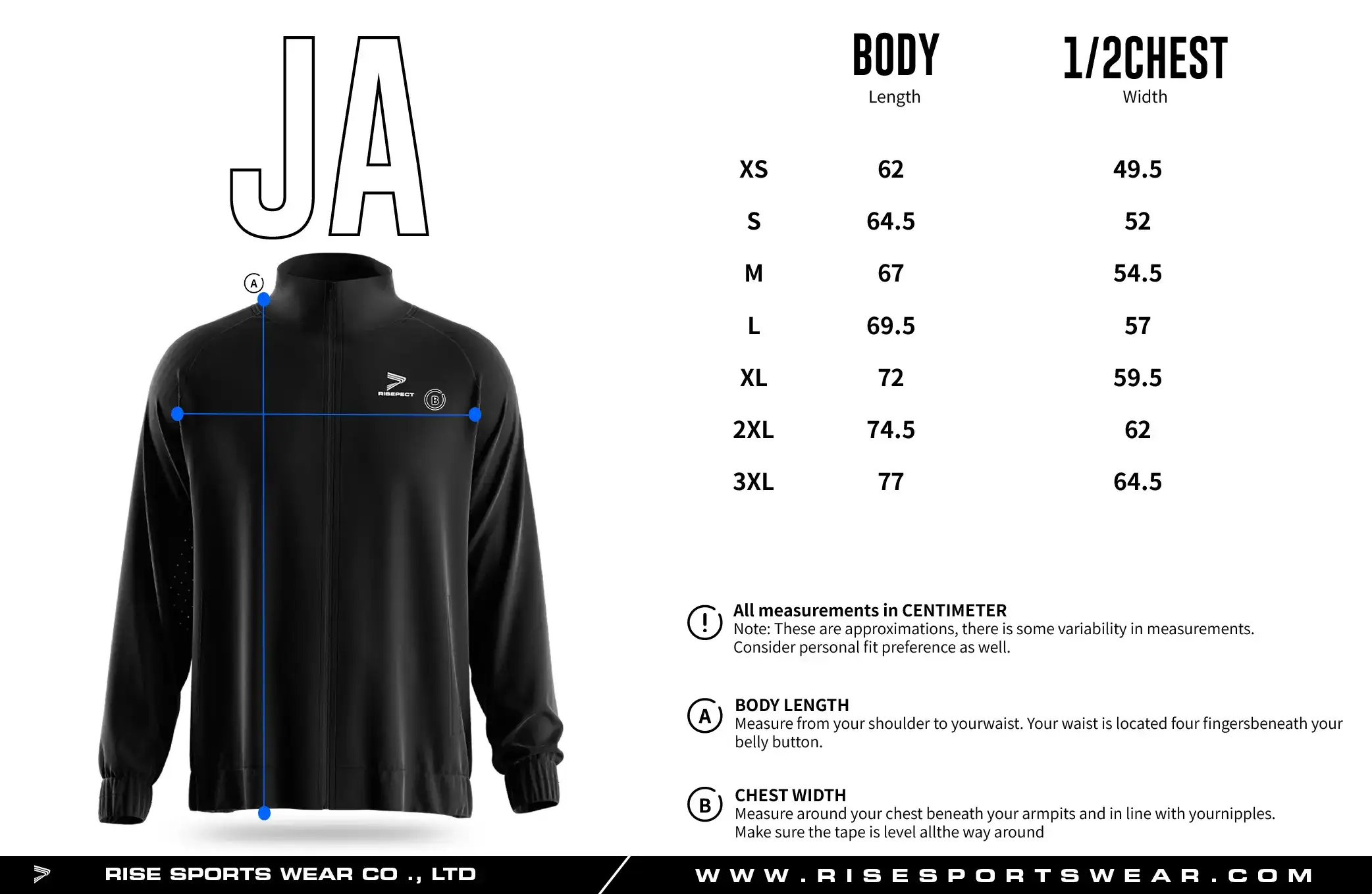 Adult men's size chart for full zip high collar athletic training jacket.