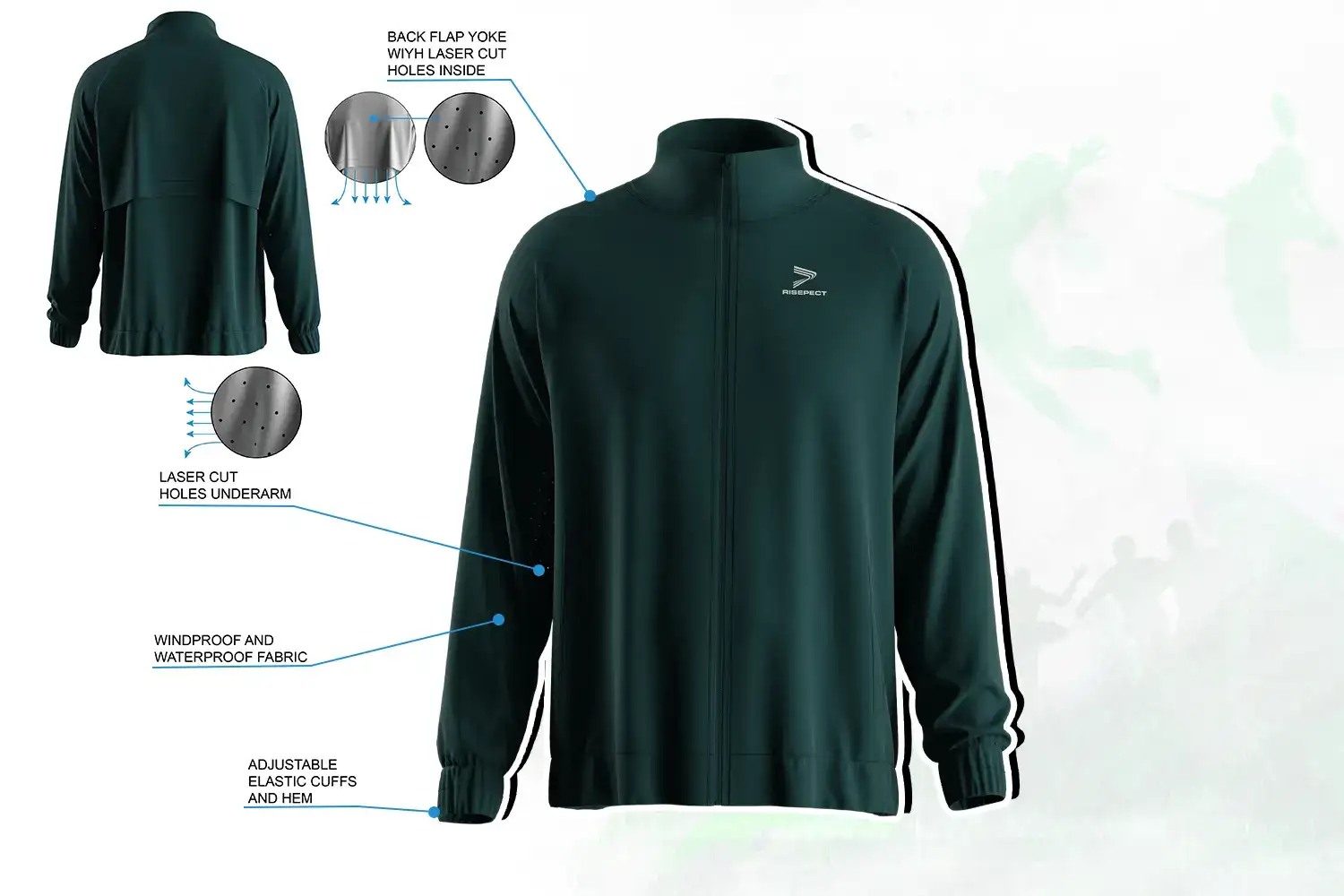 Men's full zip high collar training jacket with windproof fabric and laser-cut ventilation design.