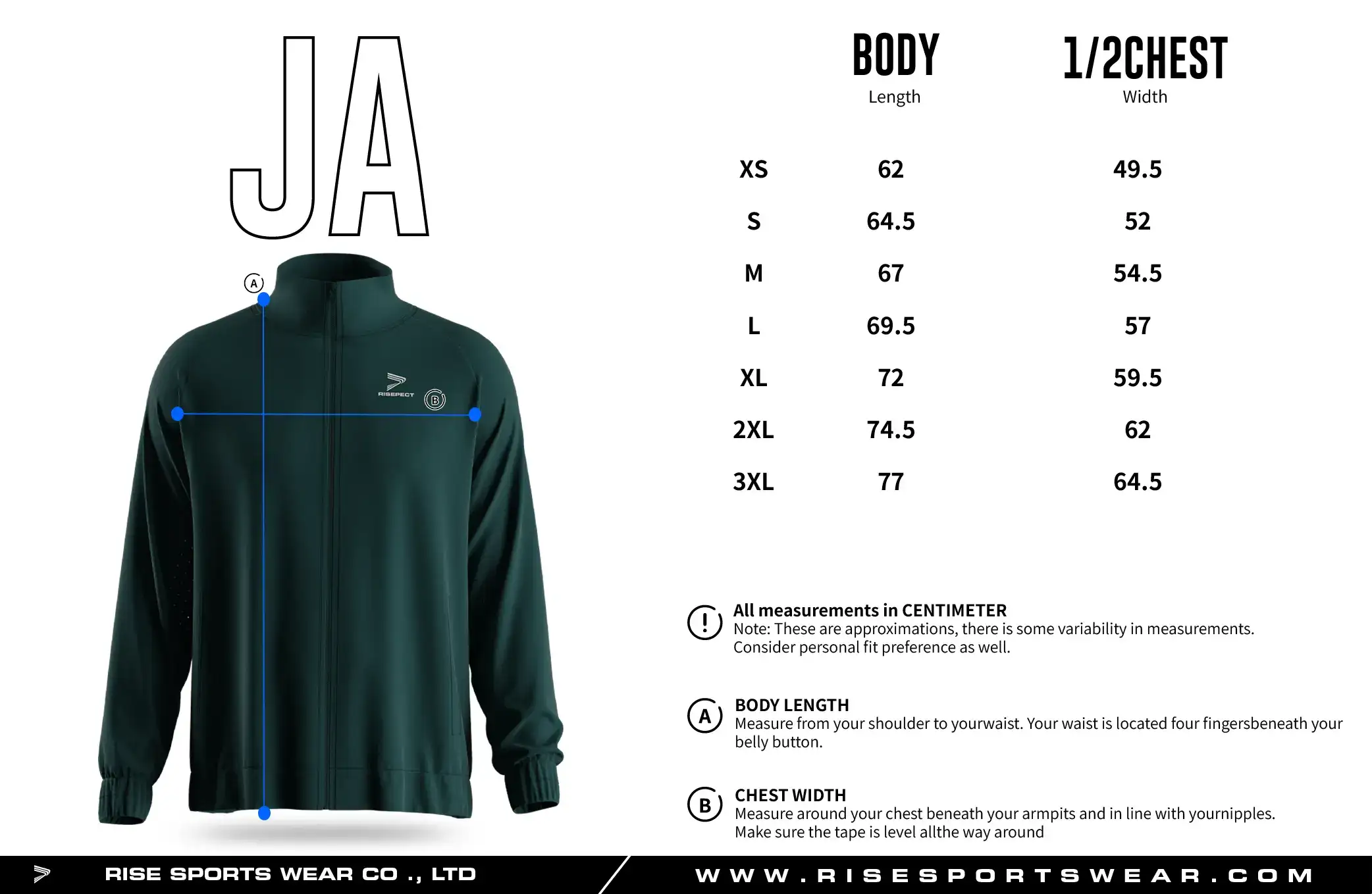Adult men's size chart for full zip high collar athletic training jacket.
