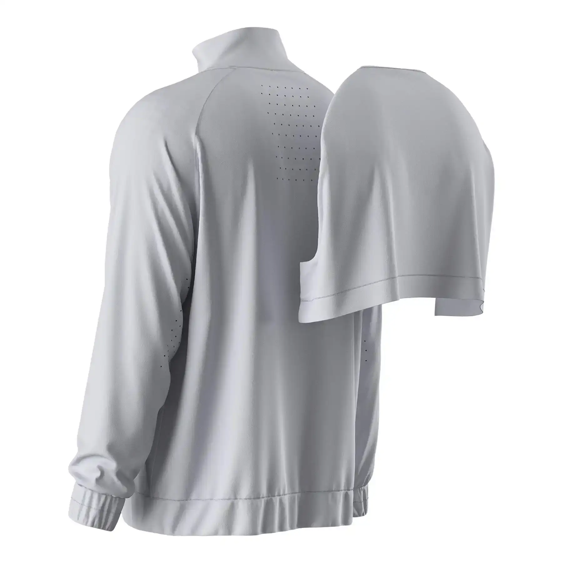 Back view of men's training jacket featuring flap yoke and laser-cut ventilation holes for enhanced breathability.