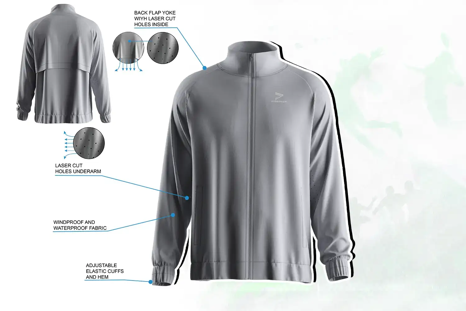 Men's full zip high collar training jacket with windproof fabric and laser-cut ventilation design.