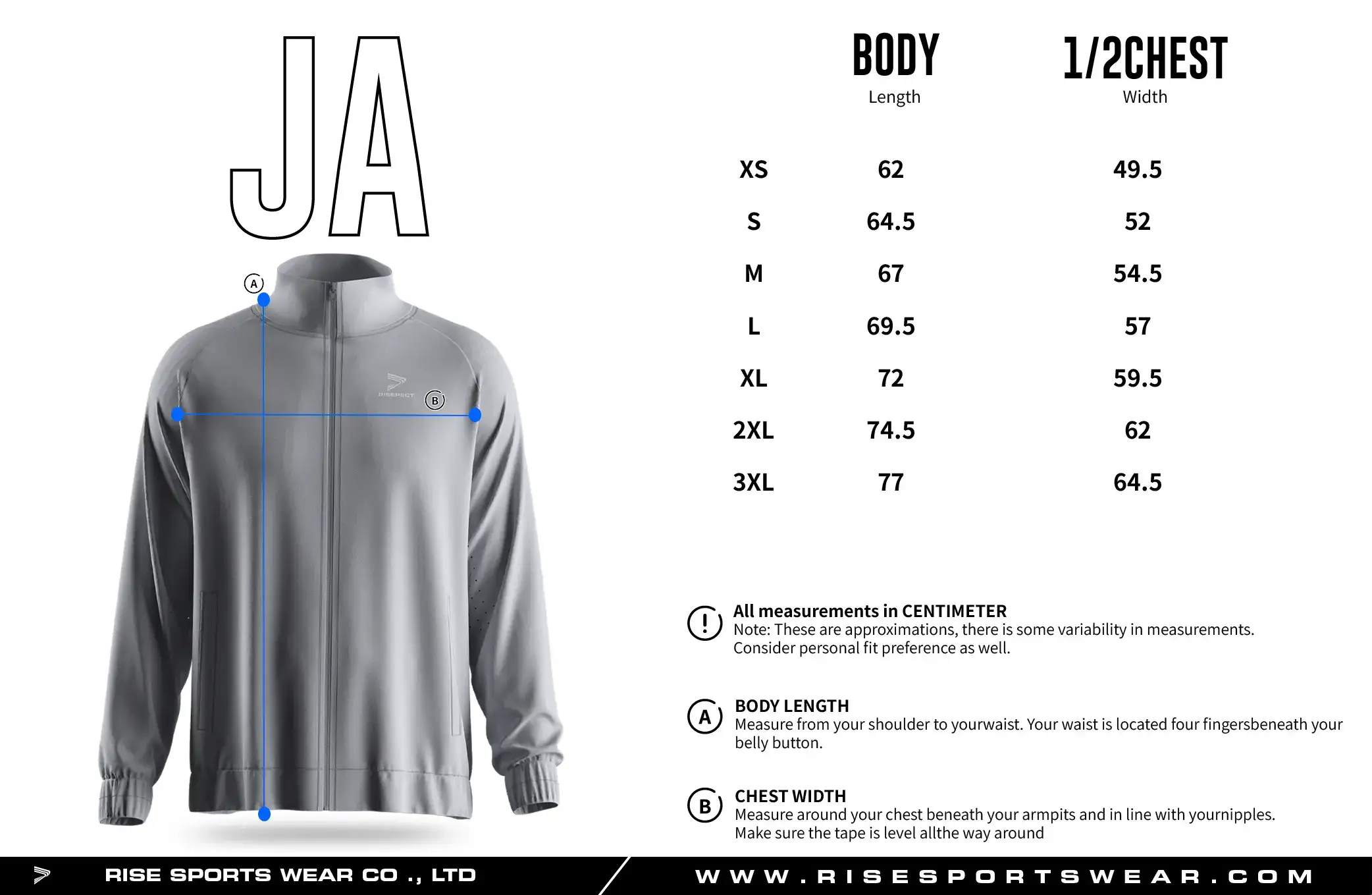 Adult men's size chart for full zip high collar athletic training jacket.