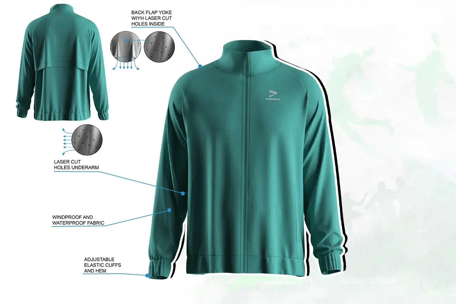 Back view of men's training jacket featuring flap yoke and laser-cut ventilation holes for enhanced breathability.