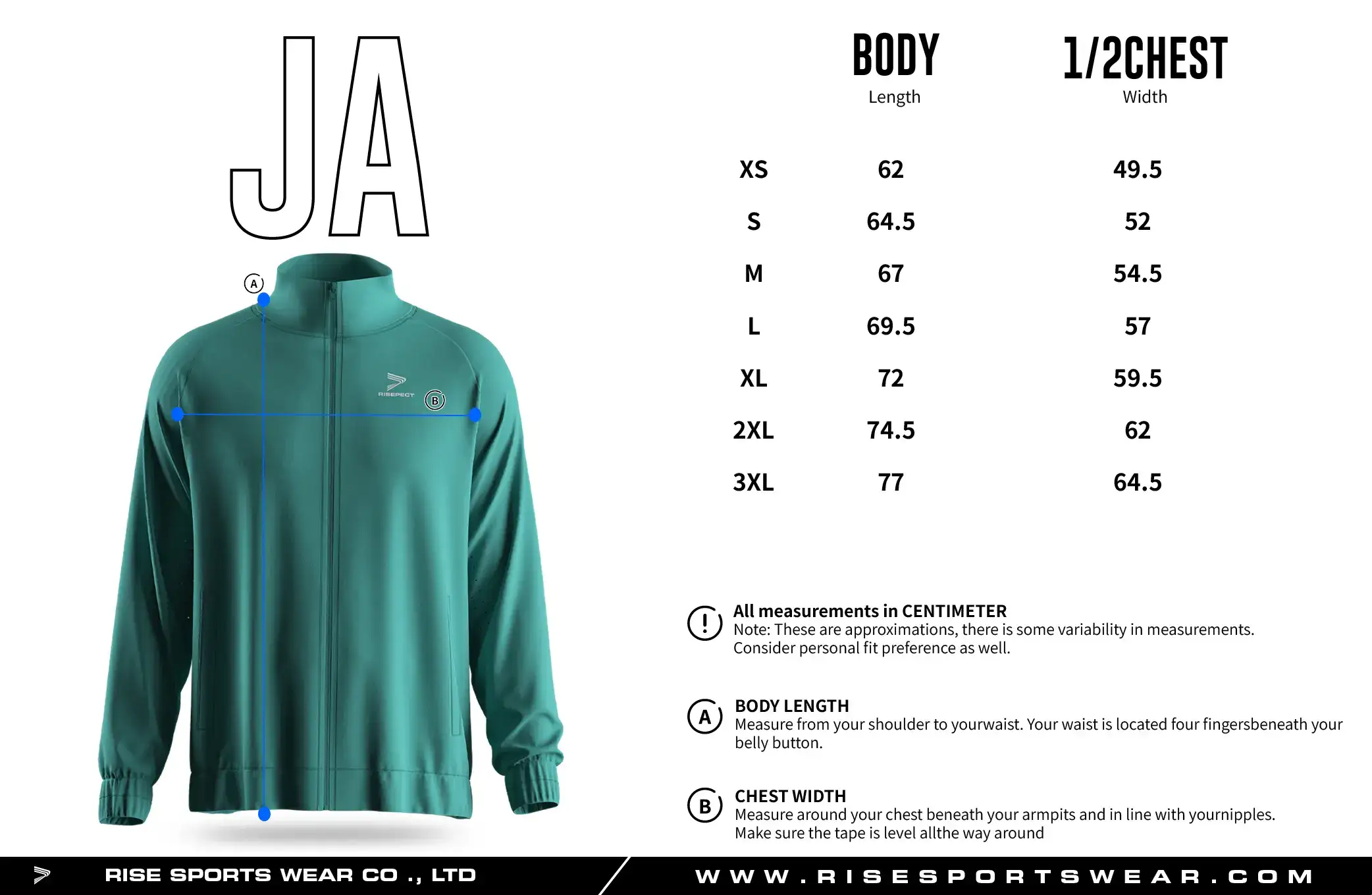 Adult men's size chart for full zip high collar athletic training jacket.