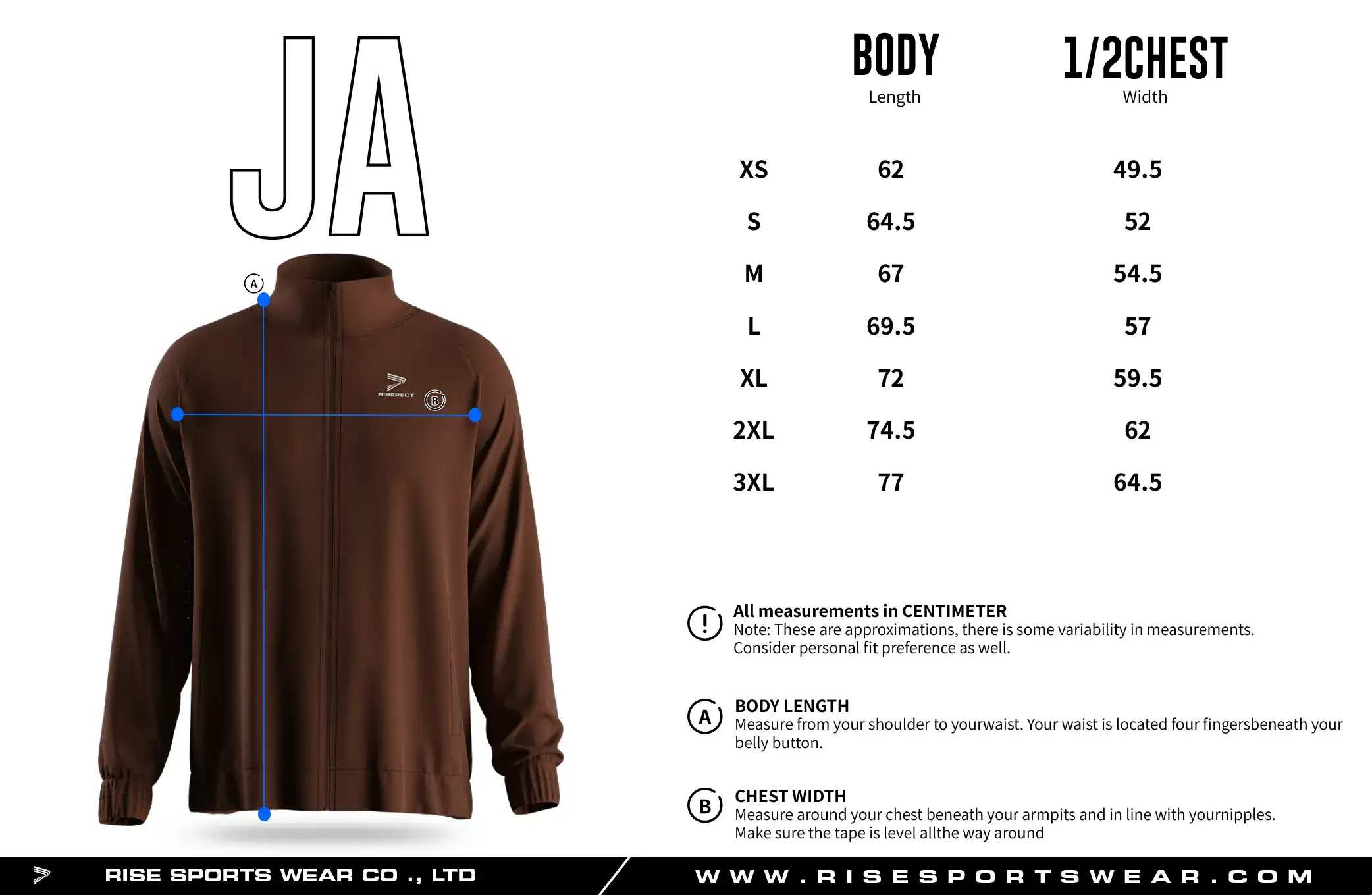 Adult men's size chart for full zip high collar athletic zip through jacket.