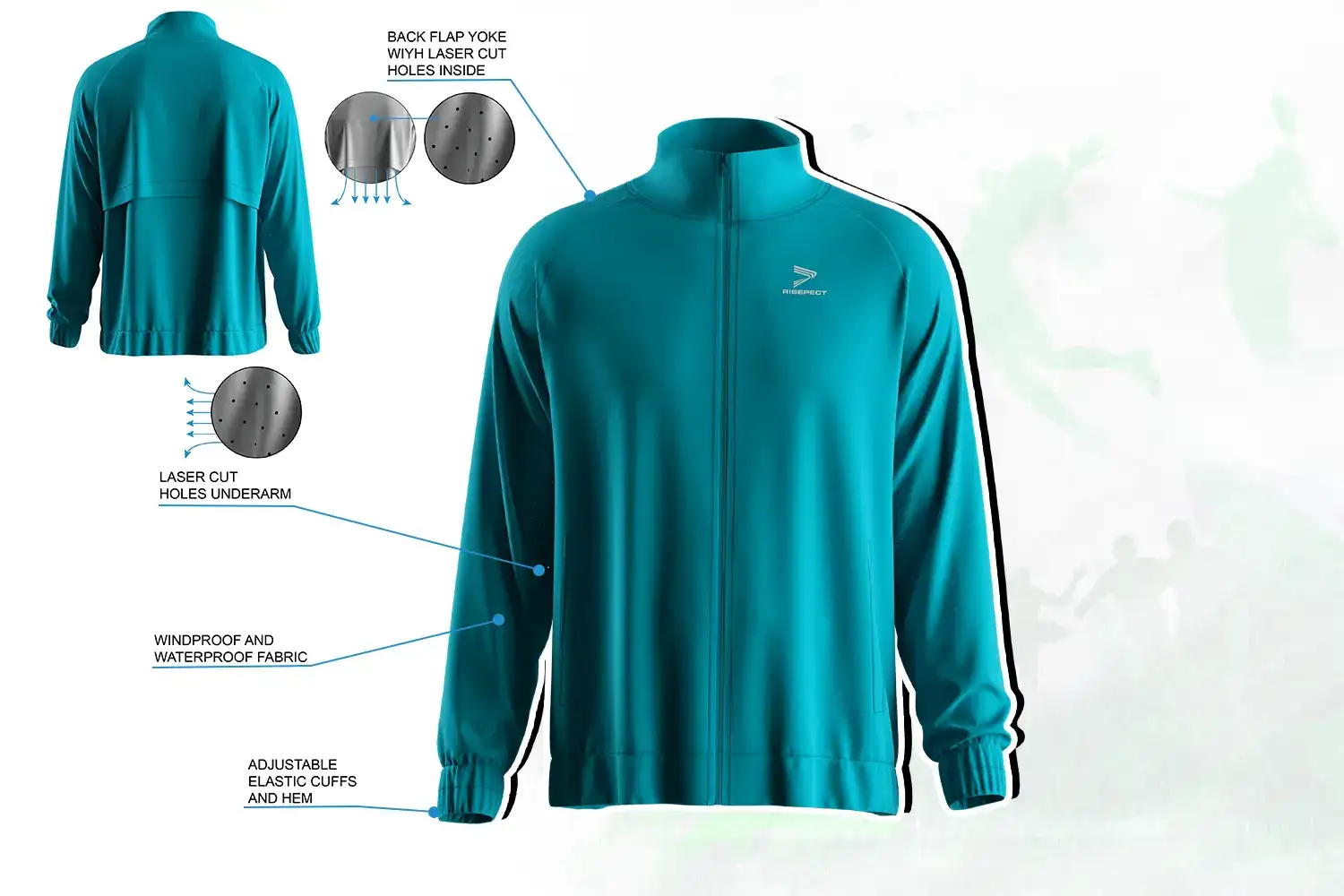 Back view of men's training full zip up jacket featuring flap yoke and laser-cut ventilation holes for enhanced breathability.