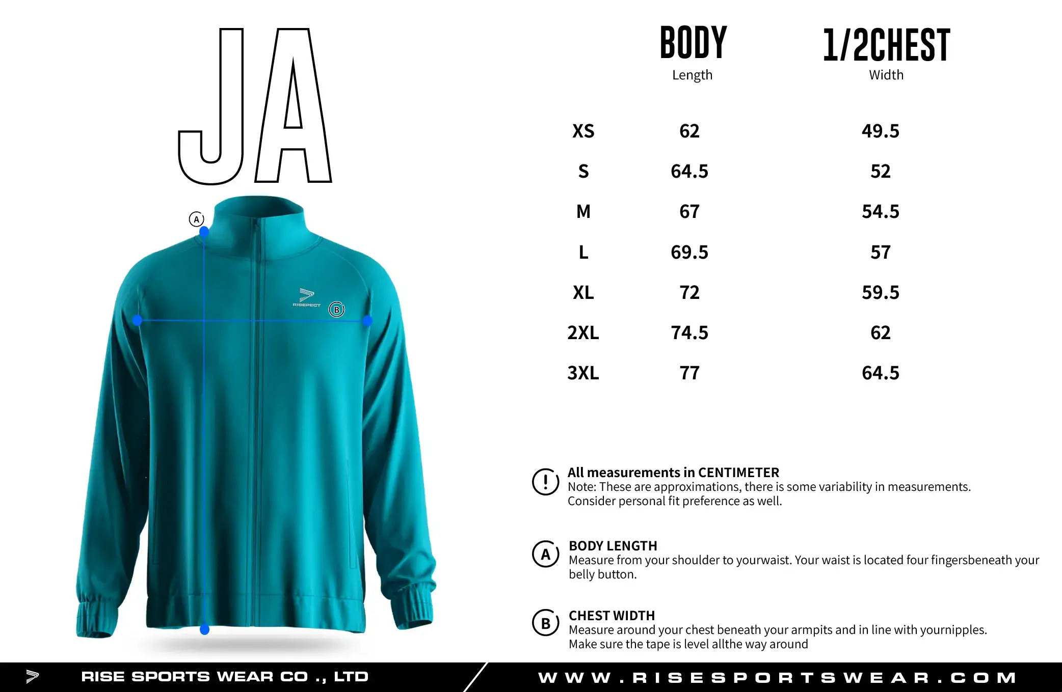 Adult men's size chart for full zip up jacket.