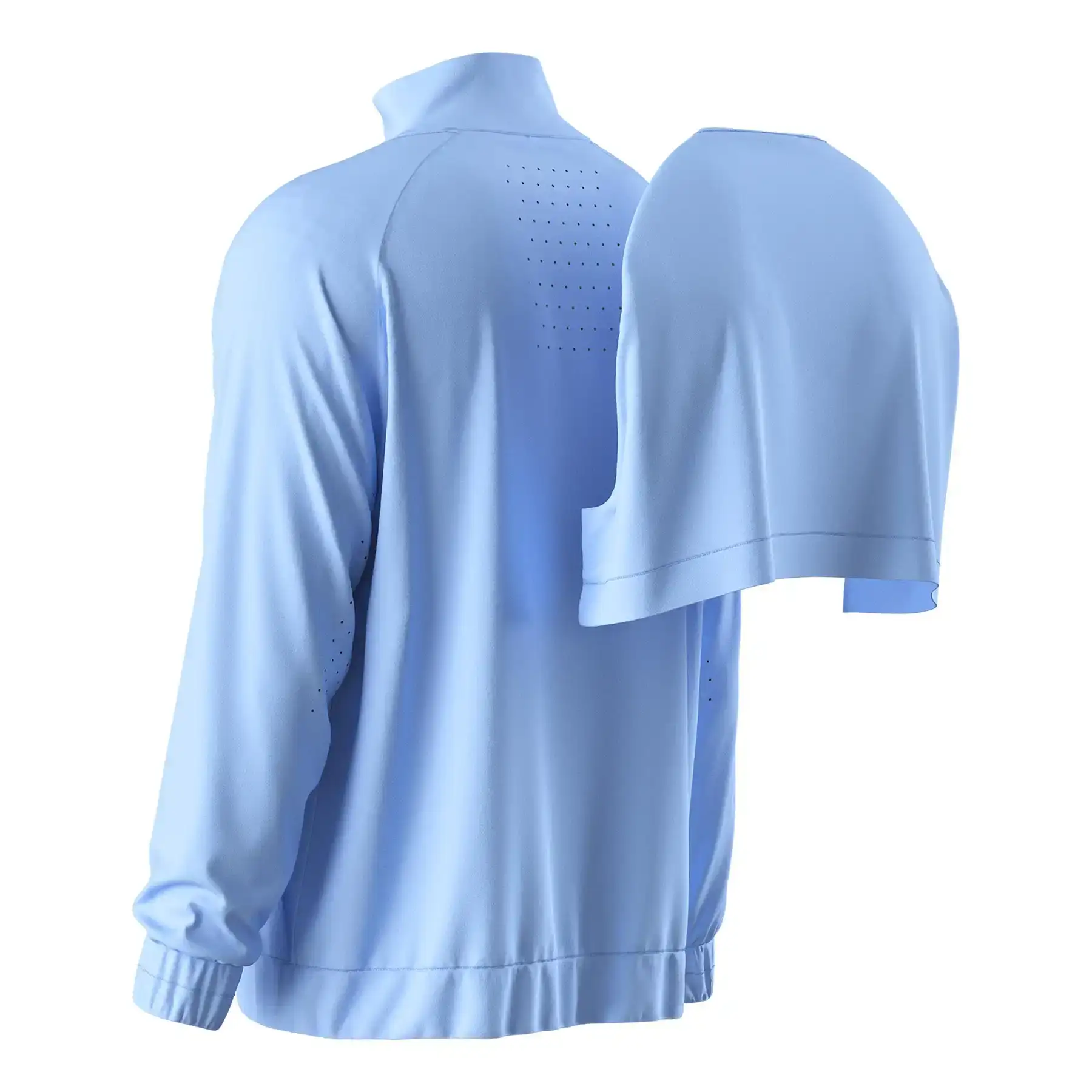 Back view of men's training jacket featuring flap yoke and laser-cut ventilation holes for enhanced breathability.