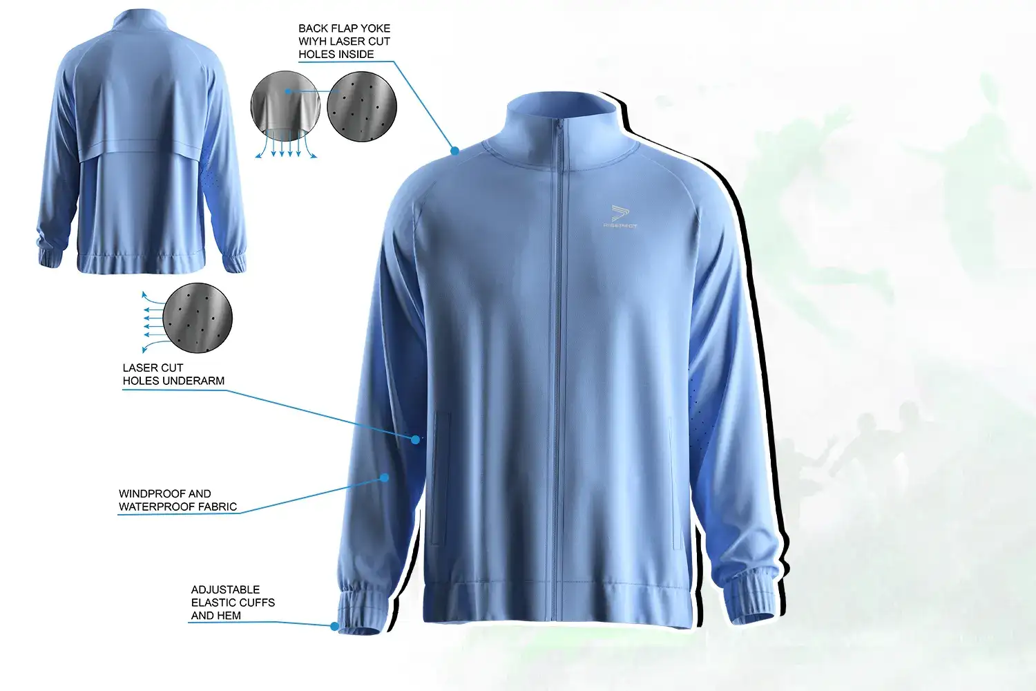 Men's full zip high collar training jacket with windproof fabric and laser-cut ventilation design.