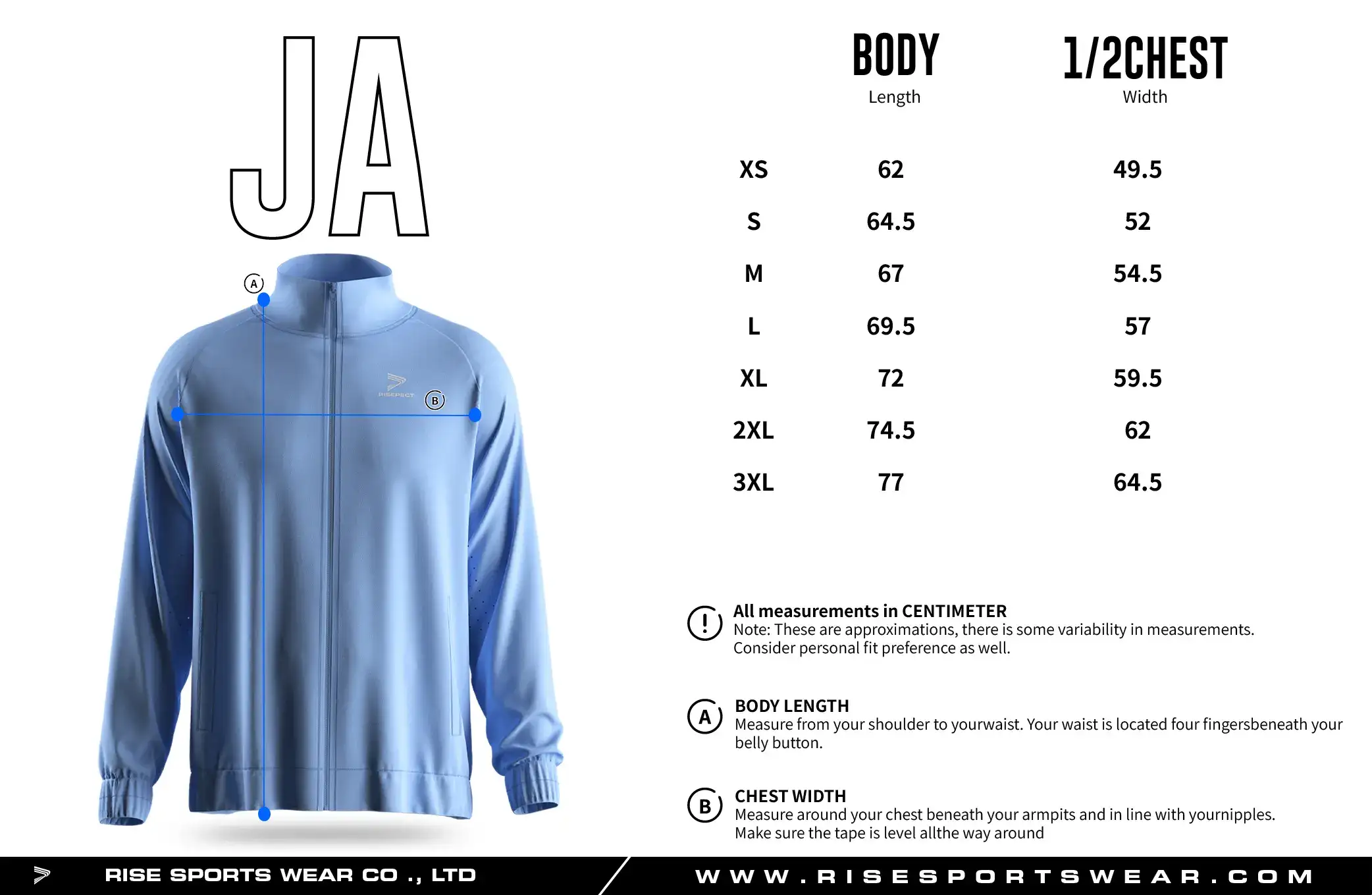 Adult men's size chart for full zip high collar athletic training jacket.