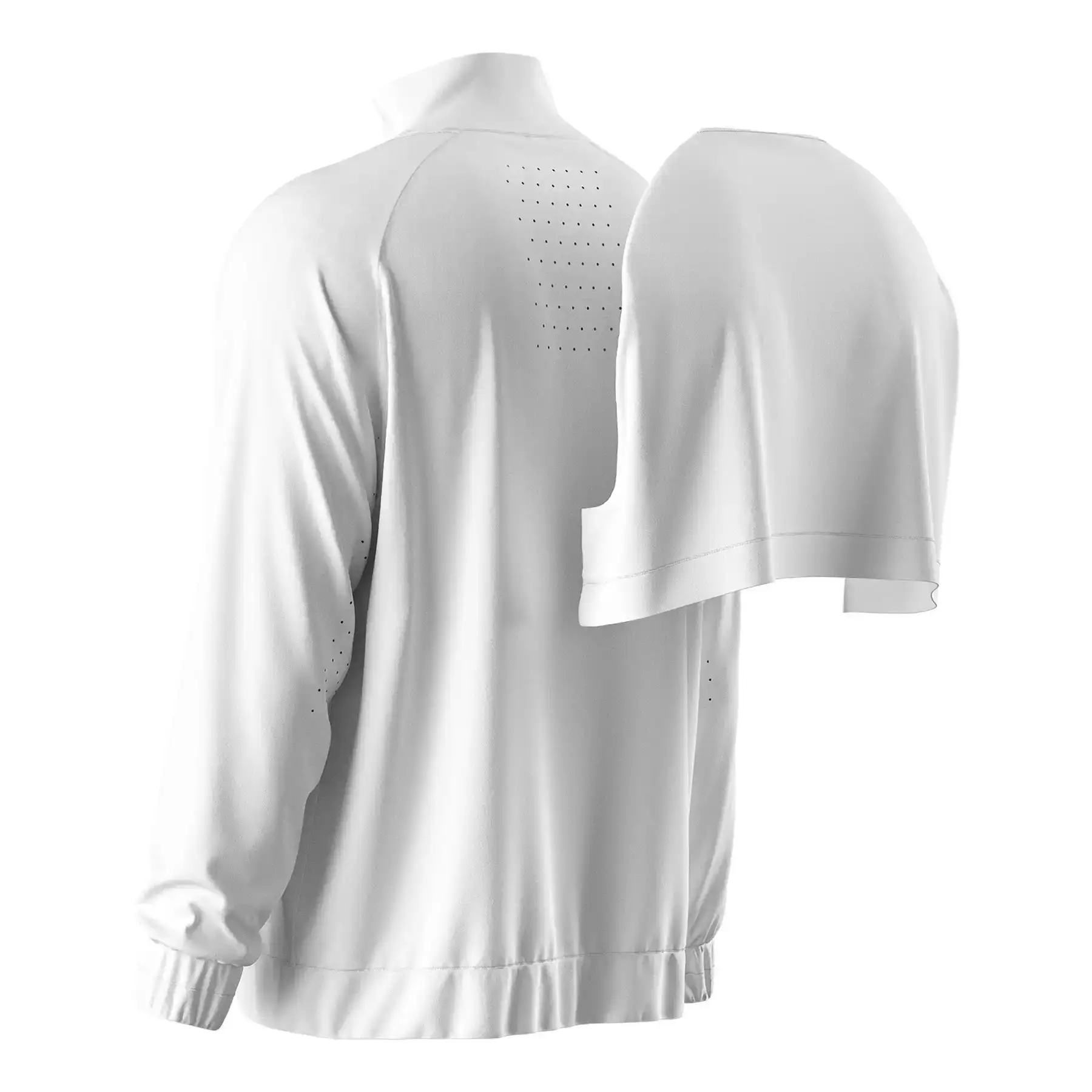 Back view of men's training jacket featuring flap yoke and laser-cut ventilation holes for enhanced breathability.