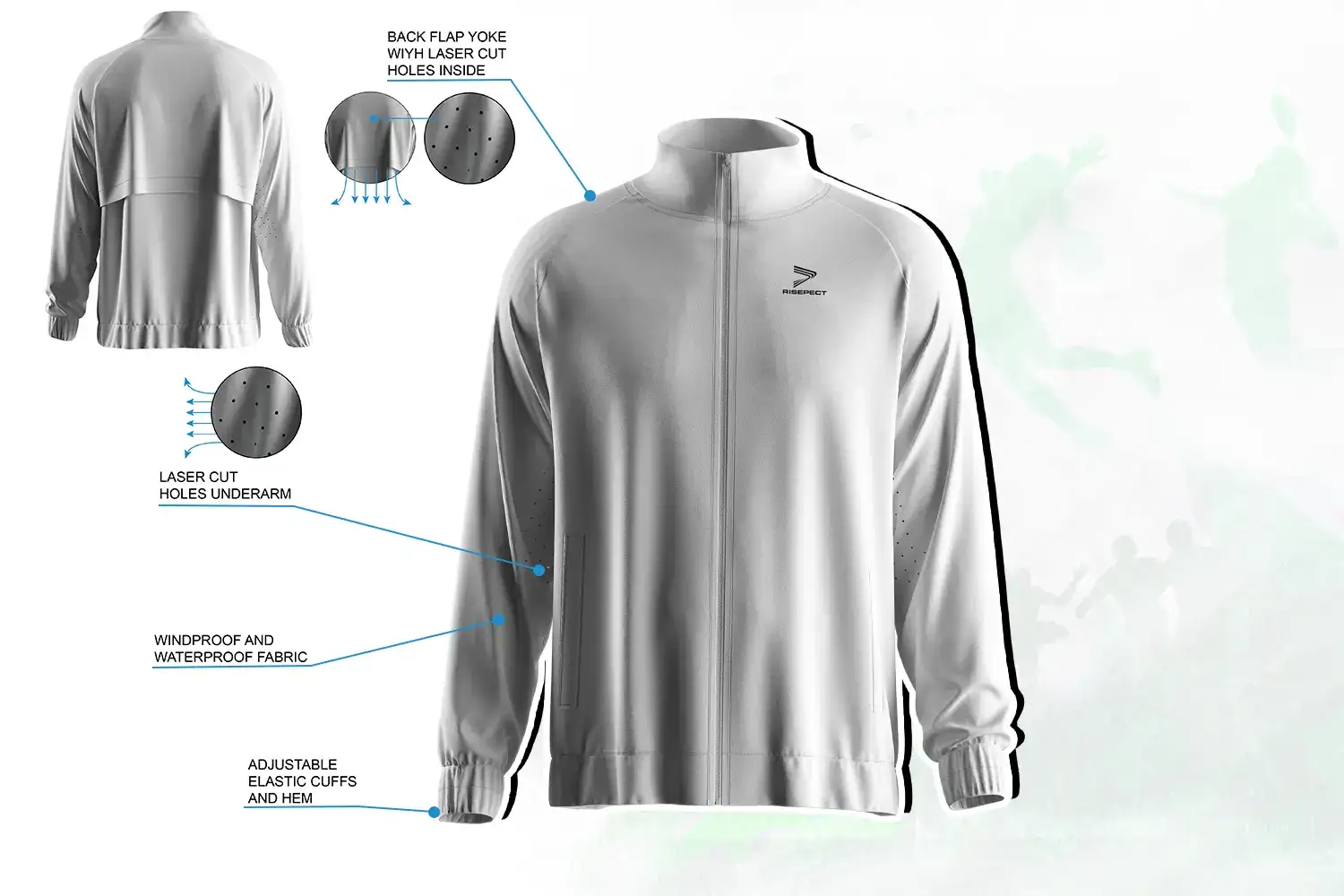 Men's full zip high collar training jacket with windproof fabric and laser-cut ventilation design.