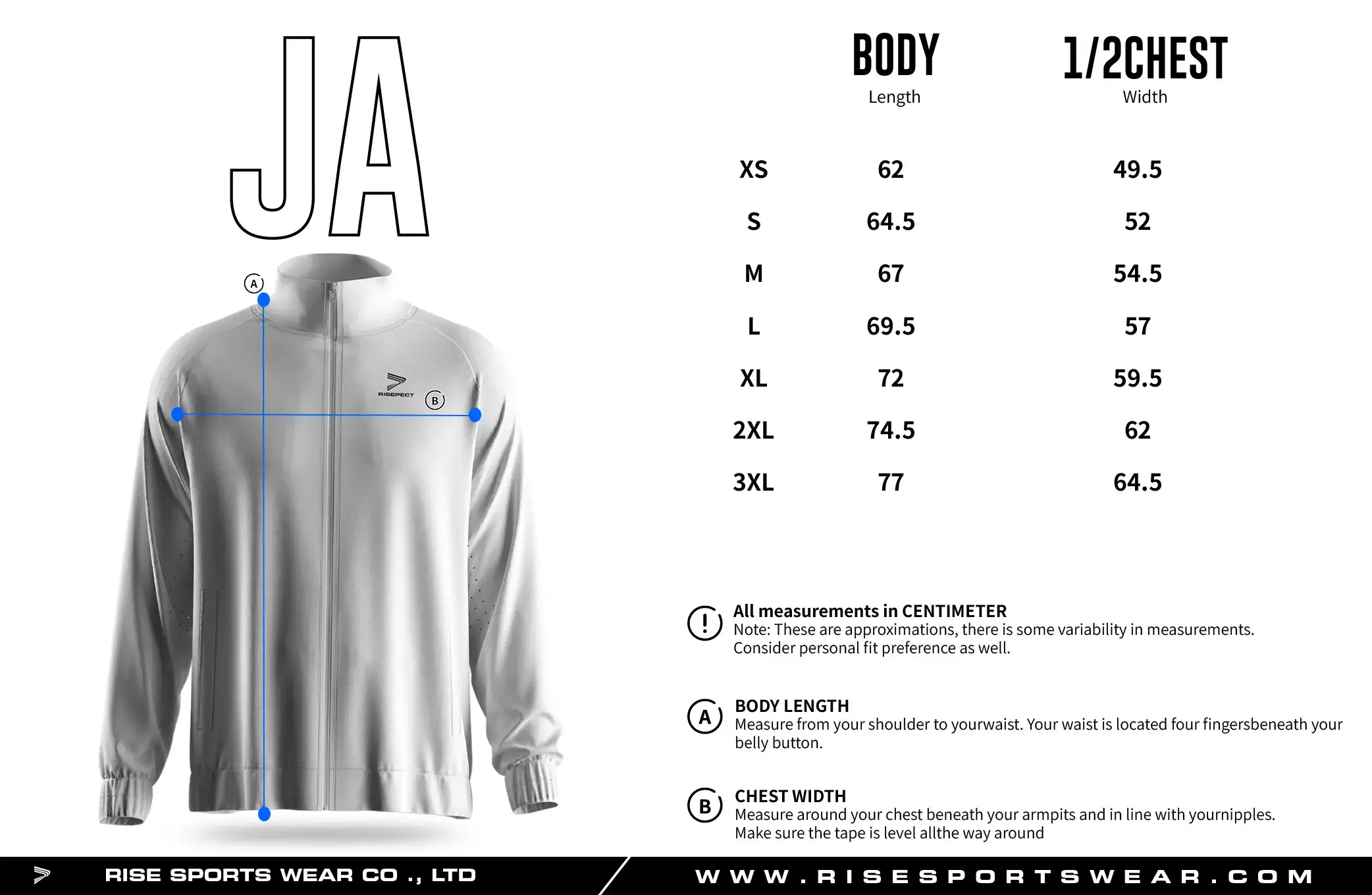 Adult men's size chart for full zip high collar athletic training jacket.
