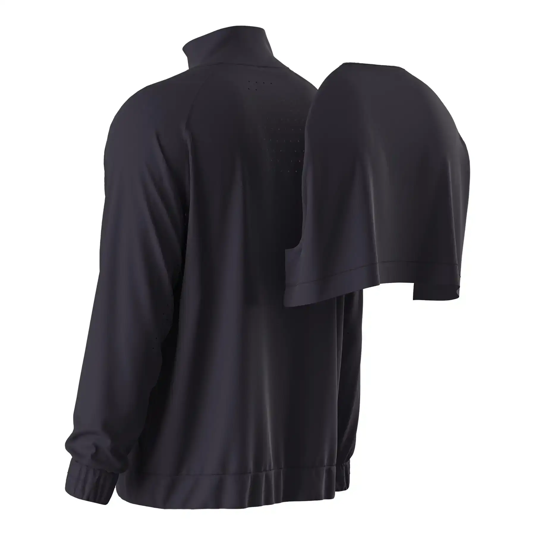 Back view of men's training jacket featuring flap yoke and laser-cut ventilation holes for enhanced breathability.