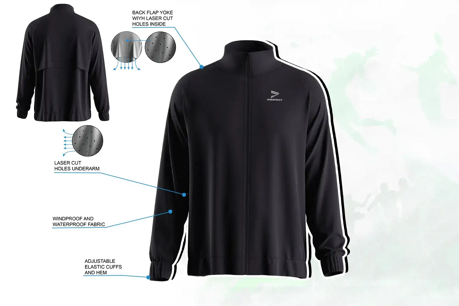 Men's full zip high collar training jacket with windproof fabric and laser-cut ventilation design.