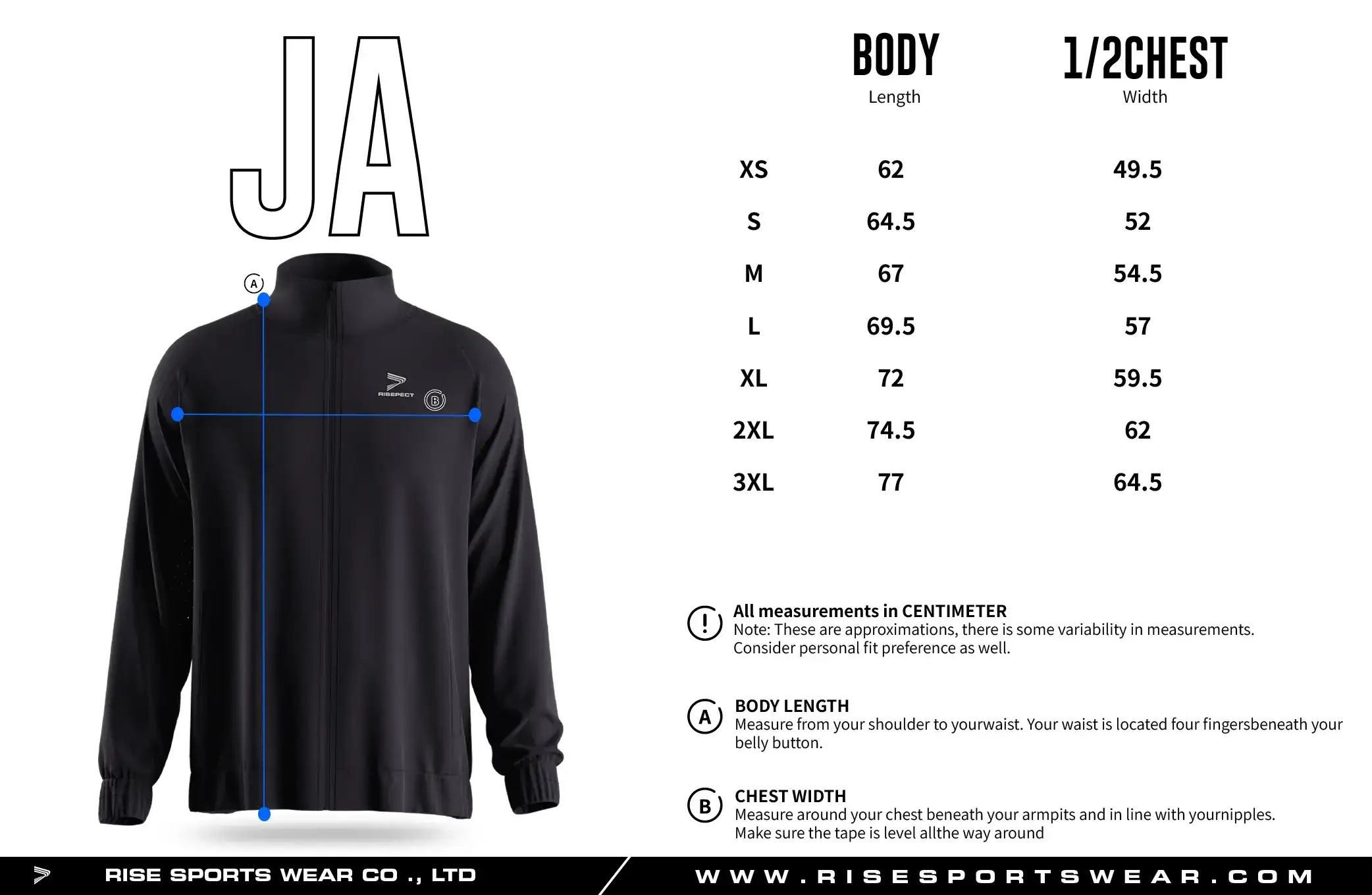 Adult men's size chart for full zip high collar athletic training jacket.