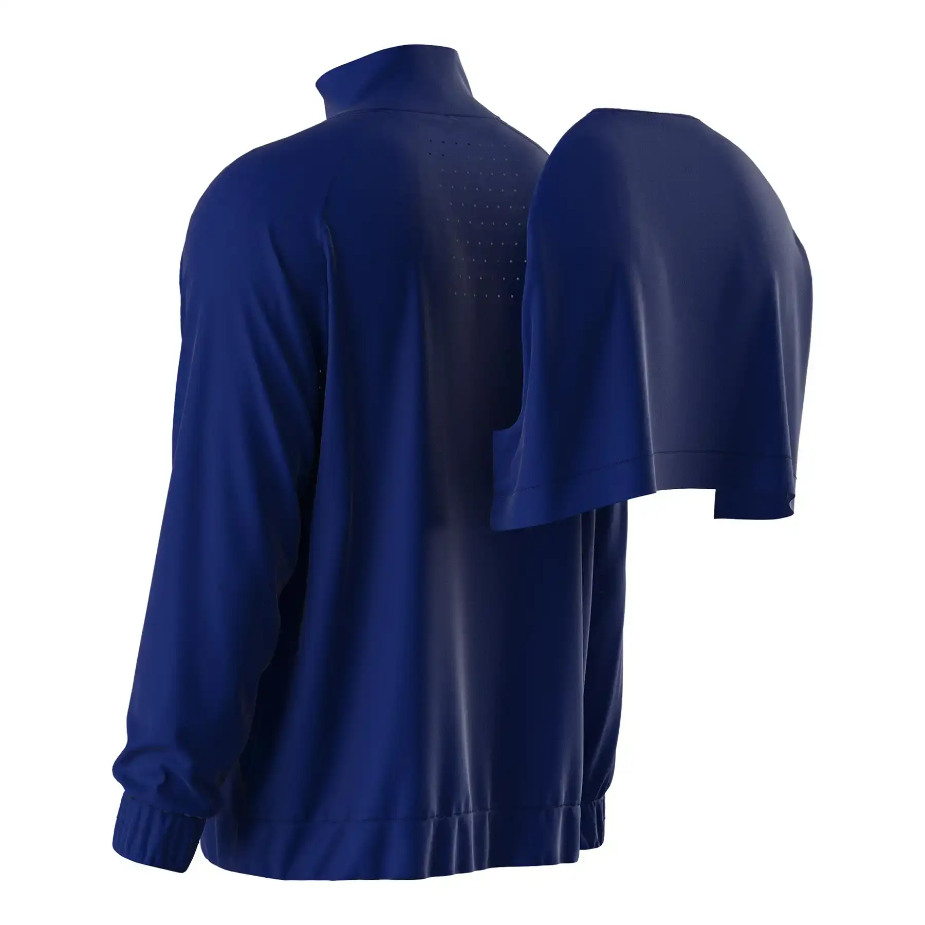 Back view of men's training jacket featuring flap yoke and laser-cut ventilation holes for enhanced breathability.