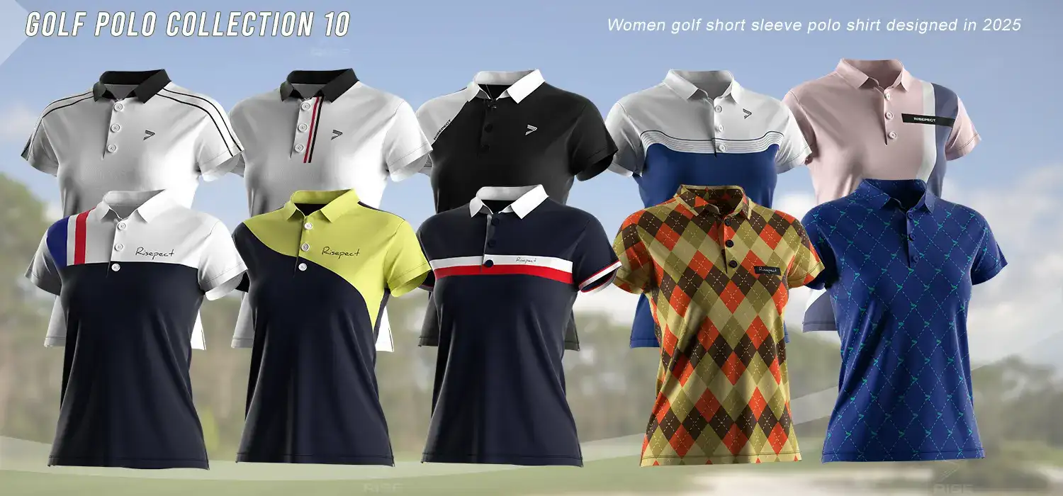Women's short sleeve golf polo shirts in ten sublimation print designs, displayed in two row.