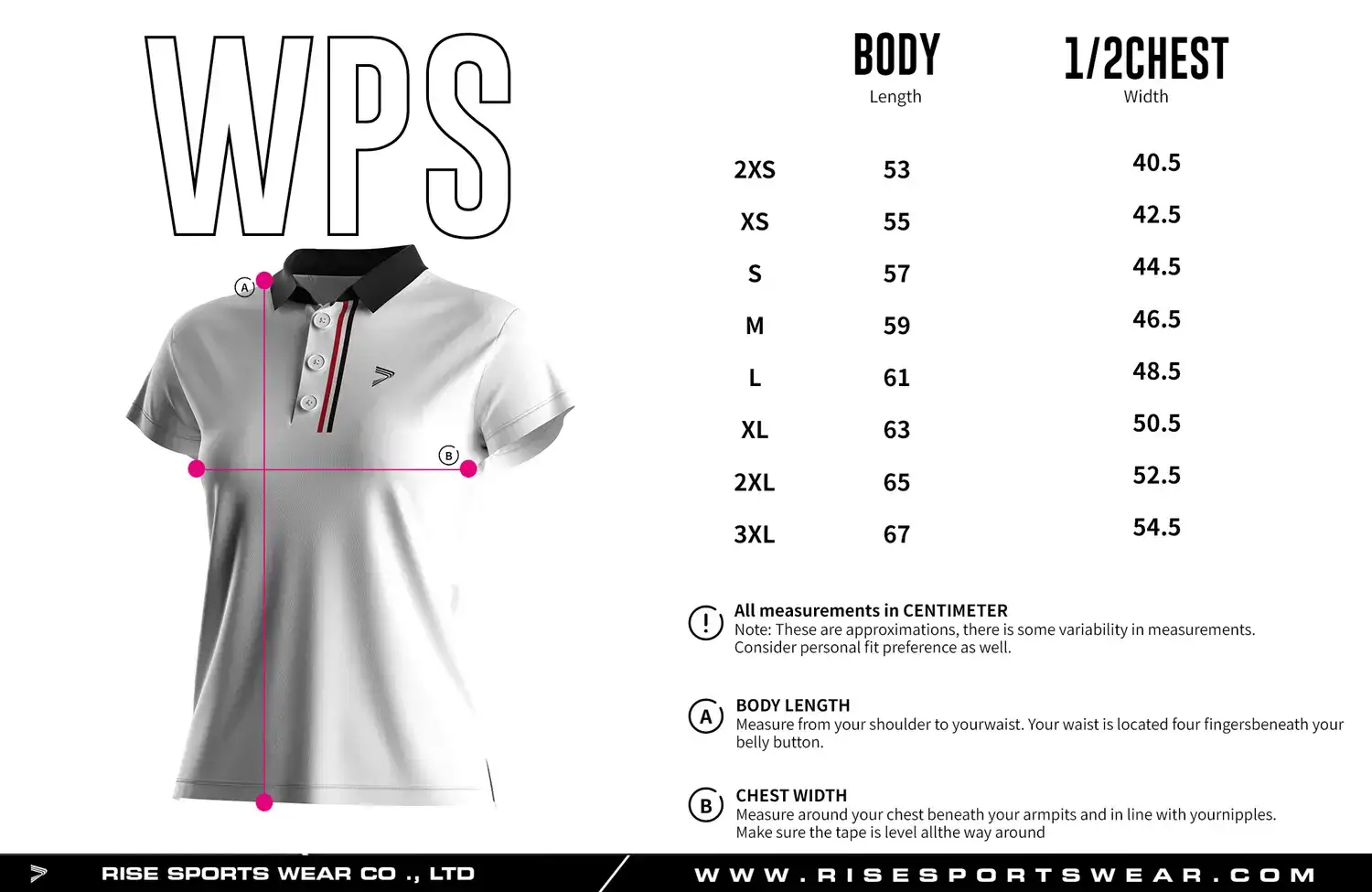 Ladies golf polo size chart — measurements in cm from 2XS to 3XL including width, and length