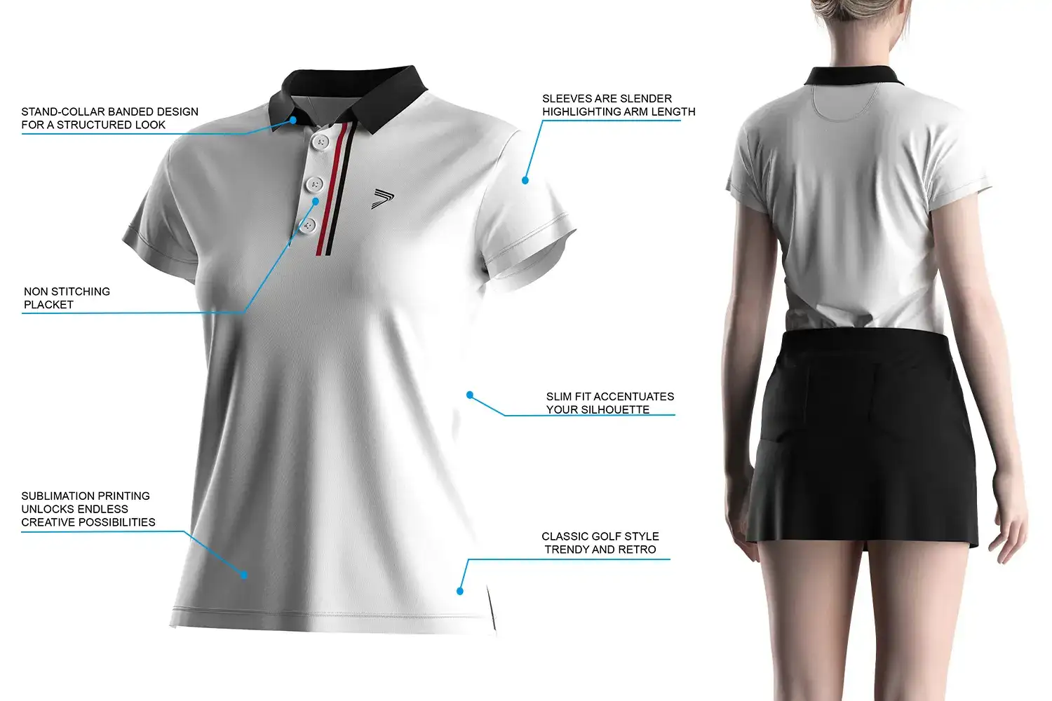 Cotrast collar polo ladies golf shirts short sleeve — rear view on model with product feature highlights including non-stitched placket, stand collar, and slim-fit silhouette.