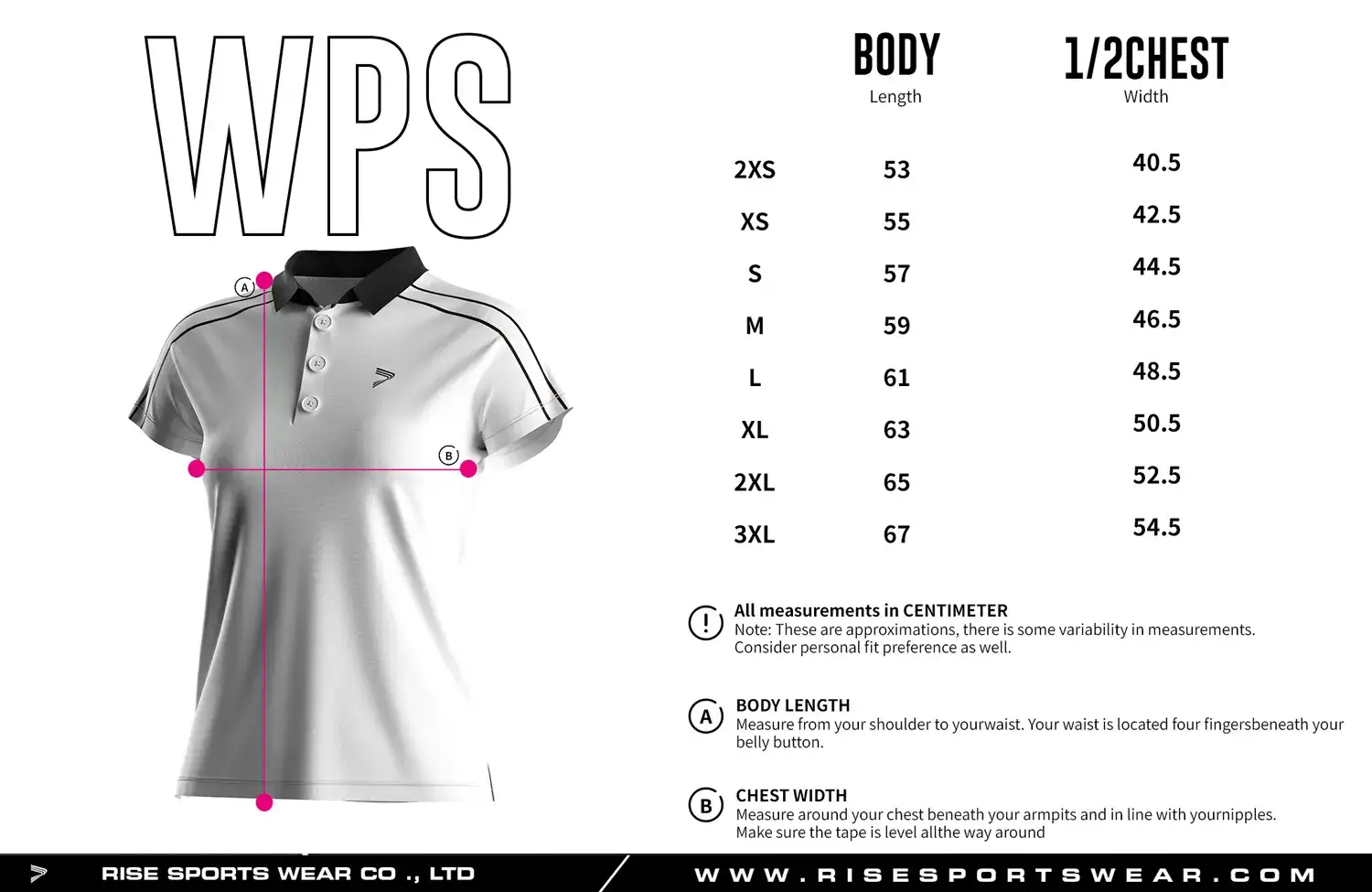 Women's golf polo size chart — measurements in cm from 2XS to 3XL including width, and length