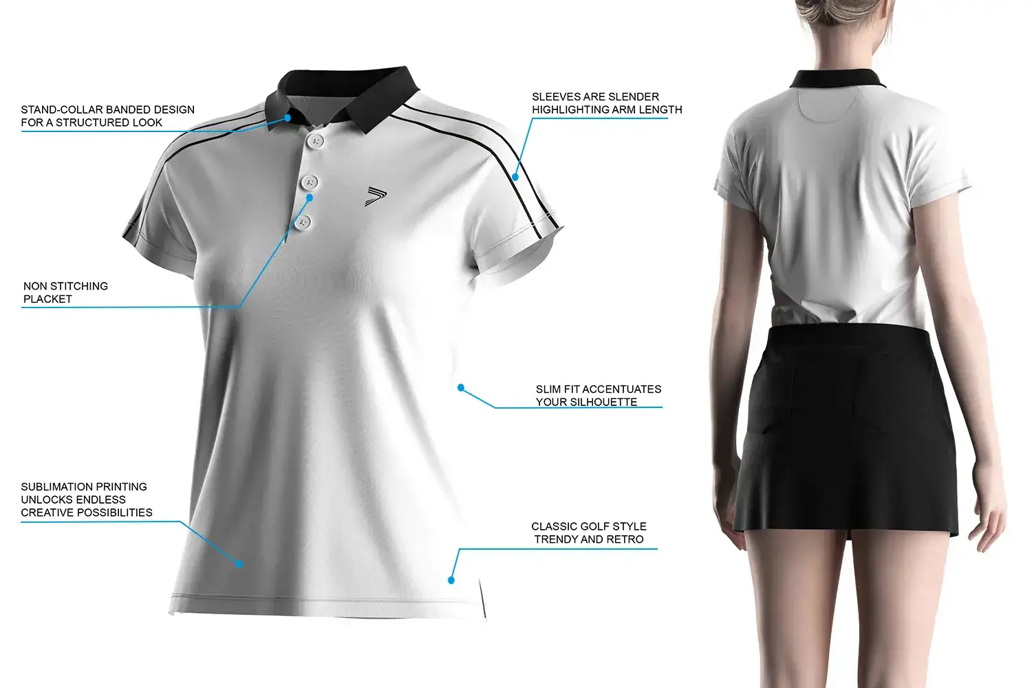 White stripe collar women's golf polo shirt — rear view on model with product feature highlights including non-stitched placket, stand collar, and slim-fit silhouette.