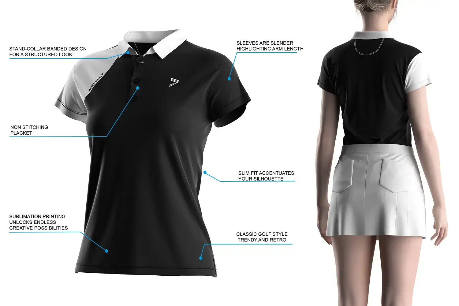 Black & White Polo Short Sleeve Golf Shirts for Women — rear view on model with product feature highlights including non-stitched placket, stand collar, and slim-fit silhouette.