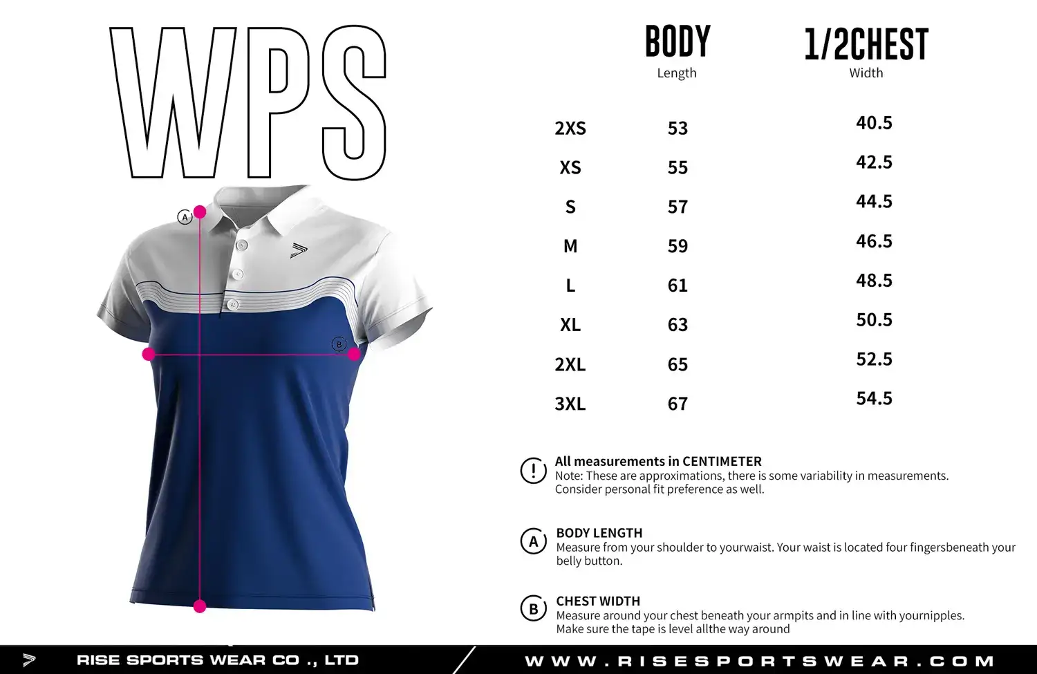 Women's golf polo size chart — measurements in cm from 2XS to 3XL including width, and length