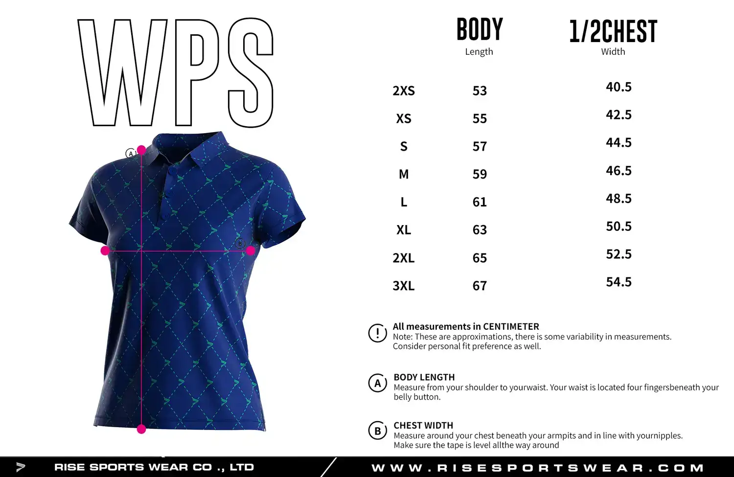 Women's golf polo size chart — measurements in cm from 2XS to 3XL including width, and length