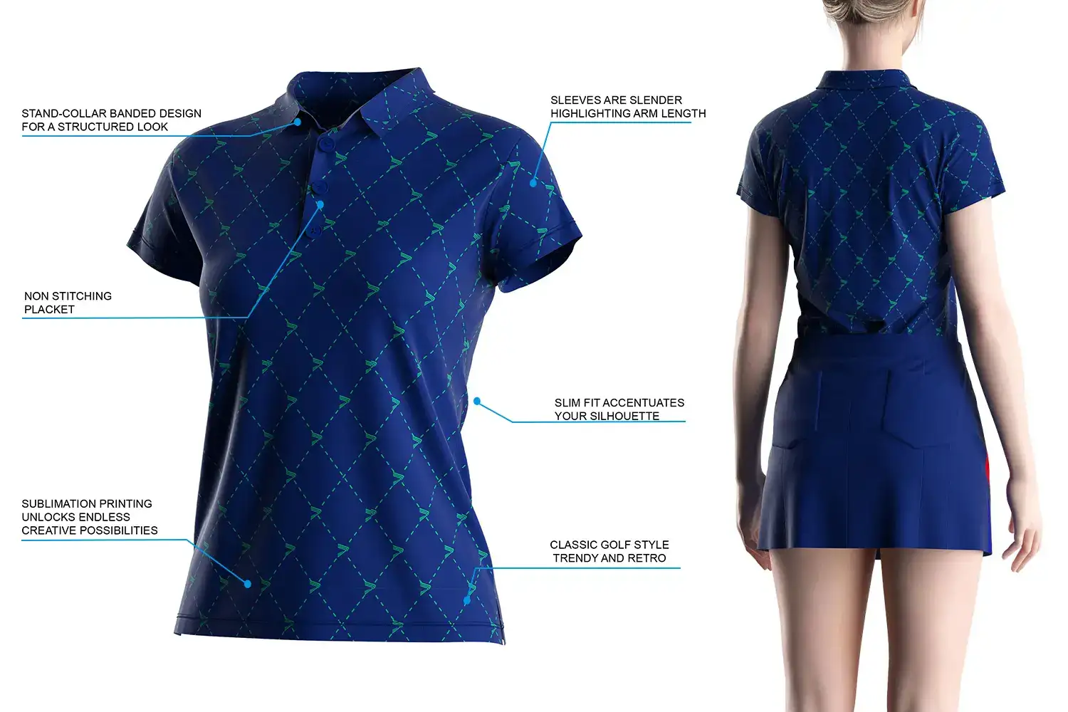 Green Diamond Short Sleeve Polo Ladies Golf Shirts with Modern Graphic Print — rear view on model with product feature highlights including non-stitched placket, stand collar, and slim-fit silhouette.