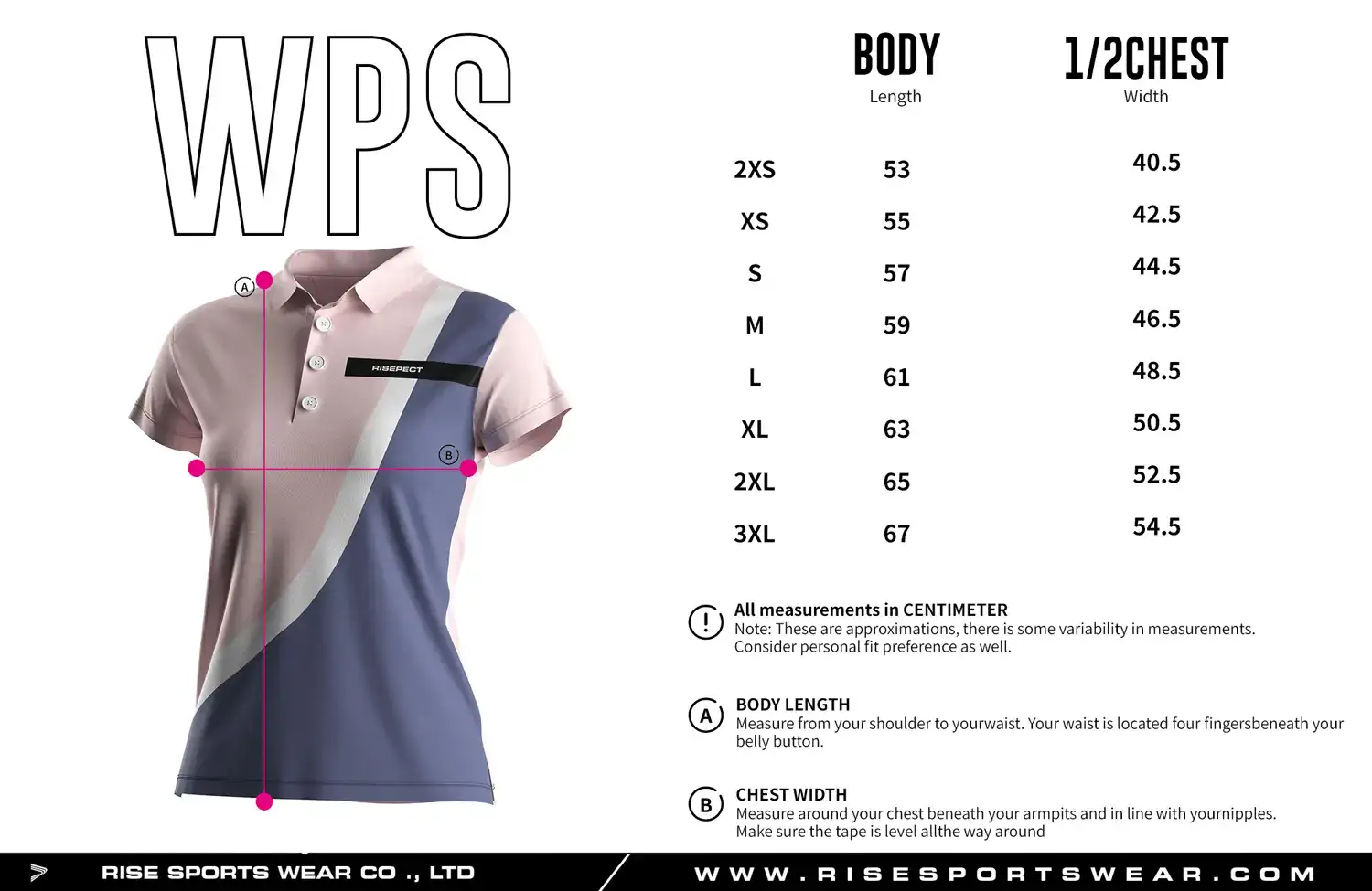 Women's golf polo size chart — measurements in cm from 2XS to 3XL including width, and length