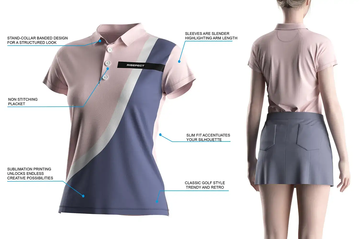 Pink Label Polo Women's Short Sleeve Golf Shirt — rear view on model with product feature highlights including non-stitched placket, stand collar, and slim-fit silhouette.