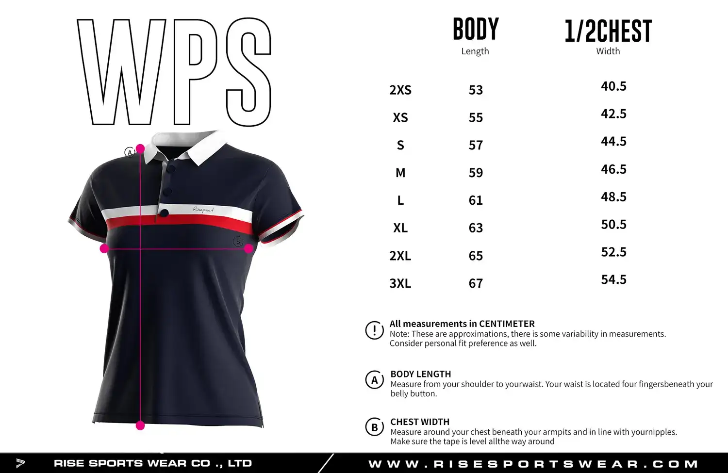 Red Stripe Chest SS Polo Womens Golf Shirts' size chart — measurements in cm from 2XS to 3XL including width, and length