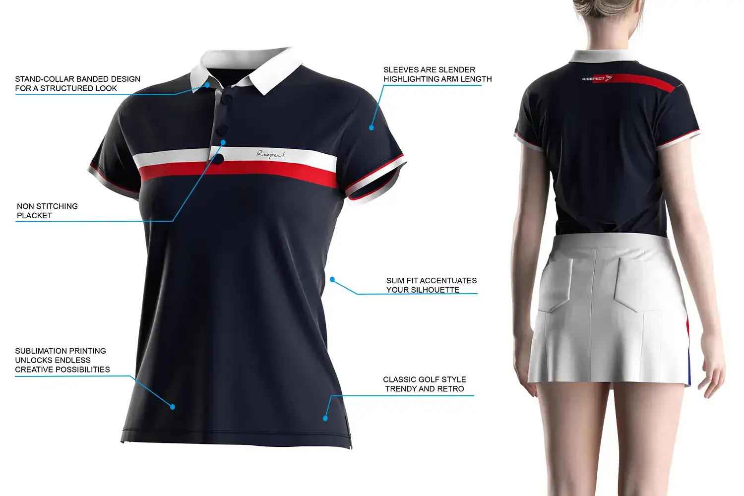 Red Stripe Chest SS Polo Womens Golf Shirts for Active — rear view on model with product feature highlights including non-stitched placket, stand collar, and slim-fit silhouette.