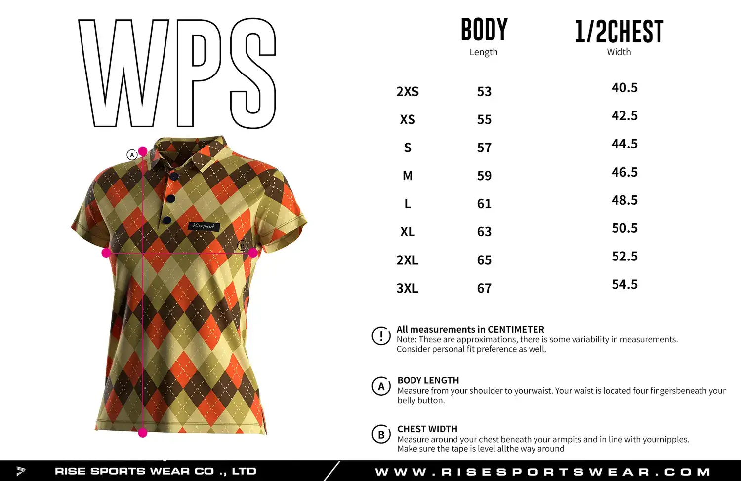 Retro Diamond Short Sleeve Polo Women's Golf Shirts' size chart — measurements in cm from 2XS to 3XL including width, and length