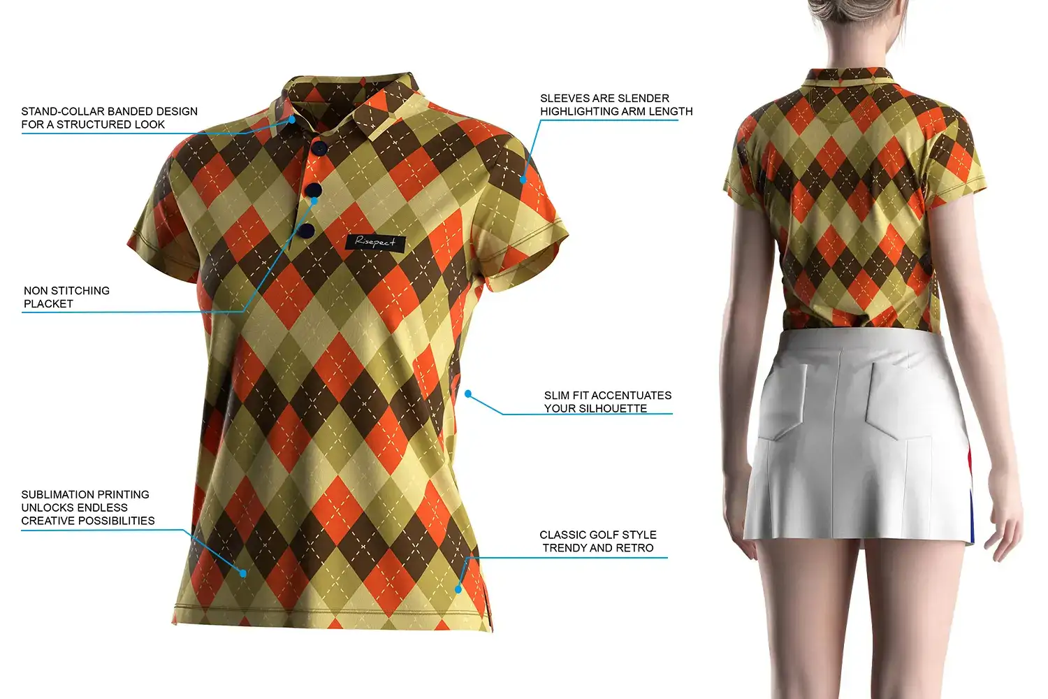 Retro Diamond Short Sleeve Polo Women's Golf Shirts with Vintage Pattern — rear view on model with product feature highlights including non-stitched placket, stand collar, and slim-fit silhouette.